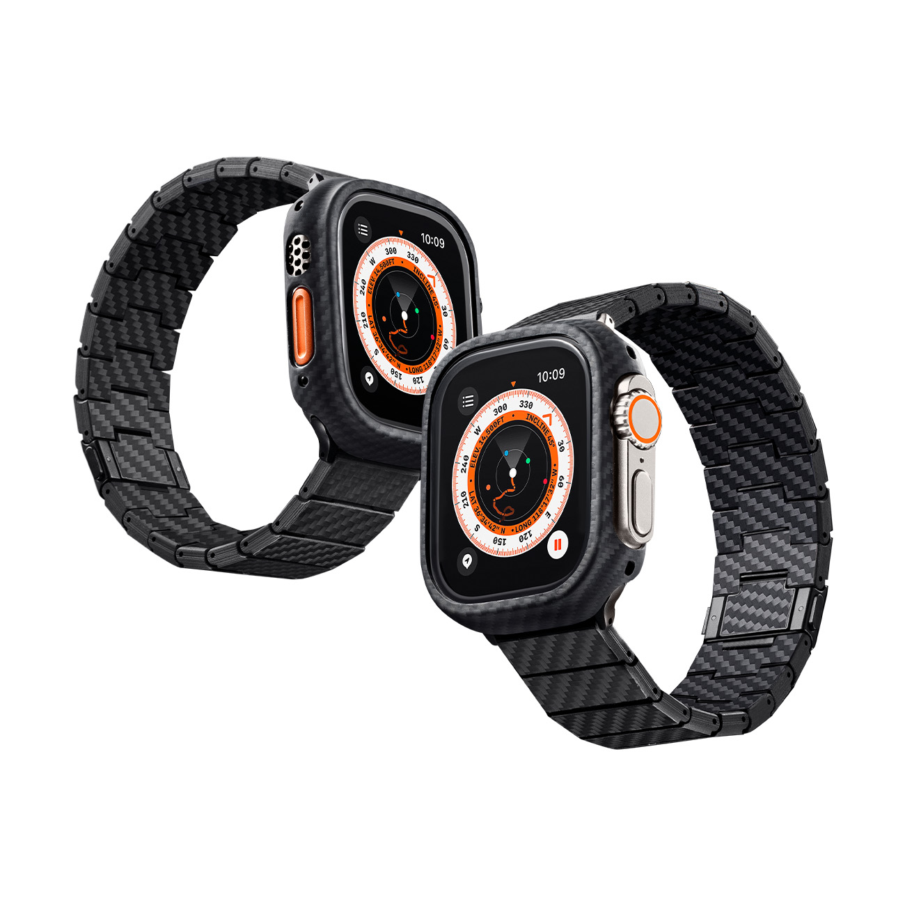 Dos relojes inteligentes con correas negras de fibra de carbono y esferas de brújula.