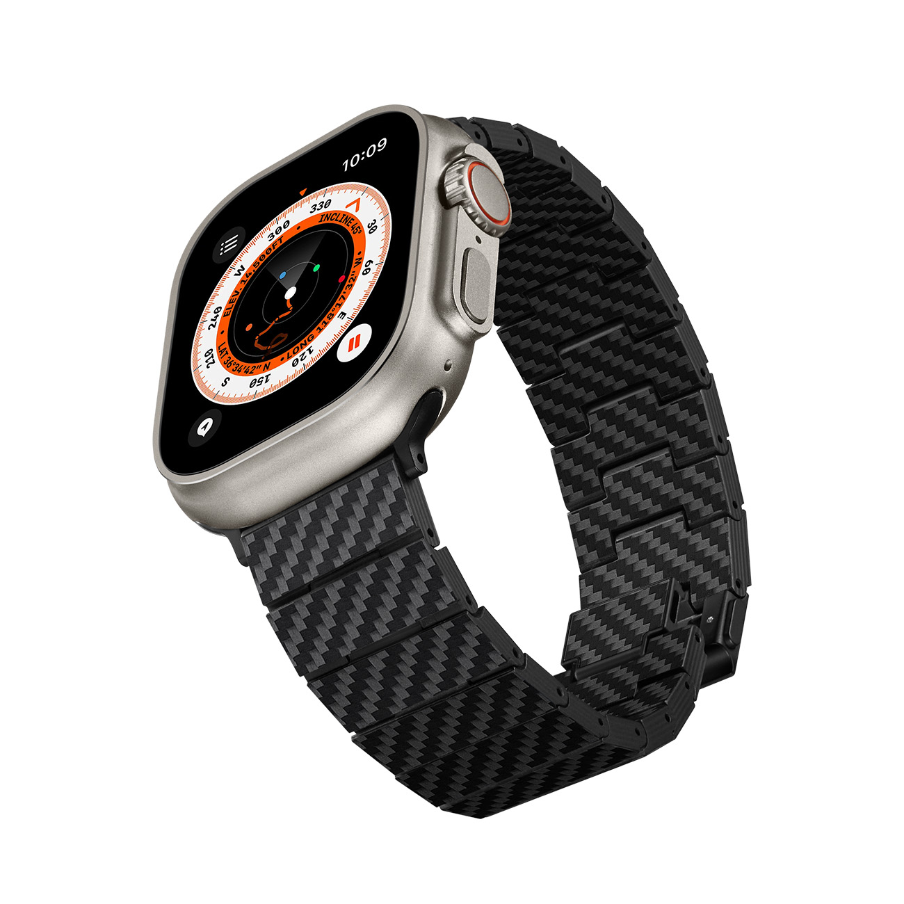 Un reloj inteligente plateado con banda de fibra de carbono negra muestra brújula y datos GPS.