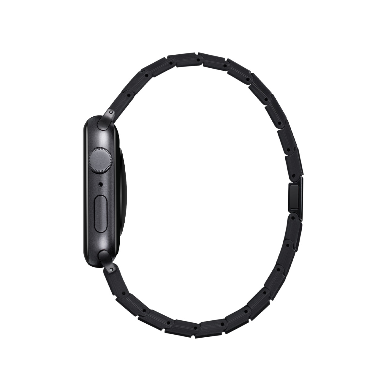 Reloj inteligente gris con correa de eslabones negros, visto de lado.