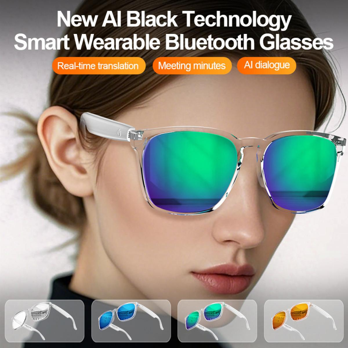 Nahaufnahme einer Frau, die eine transparente, rechteckige Sonnenbrille mit spiegelnden Gläsern trägt.