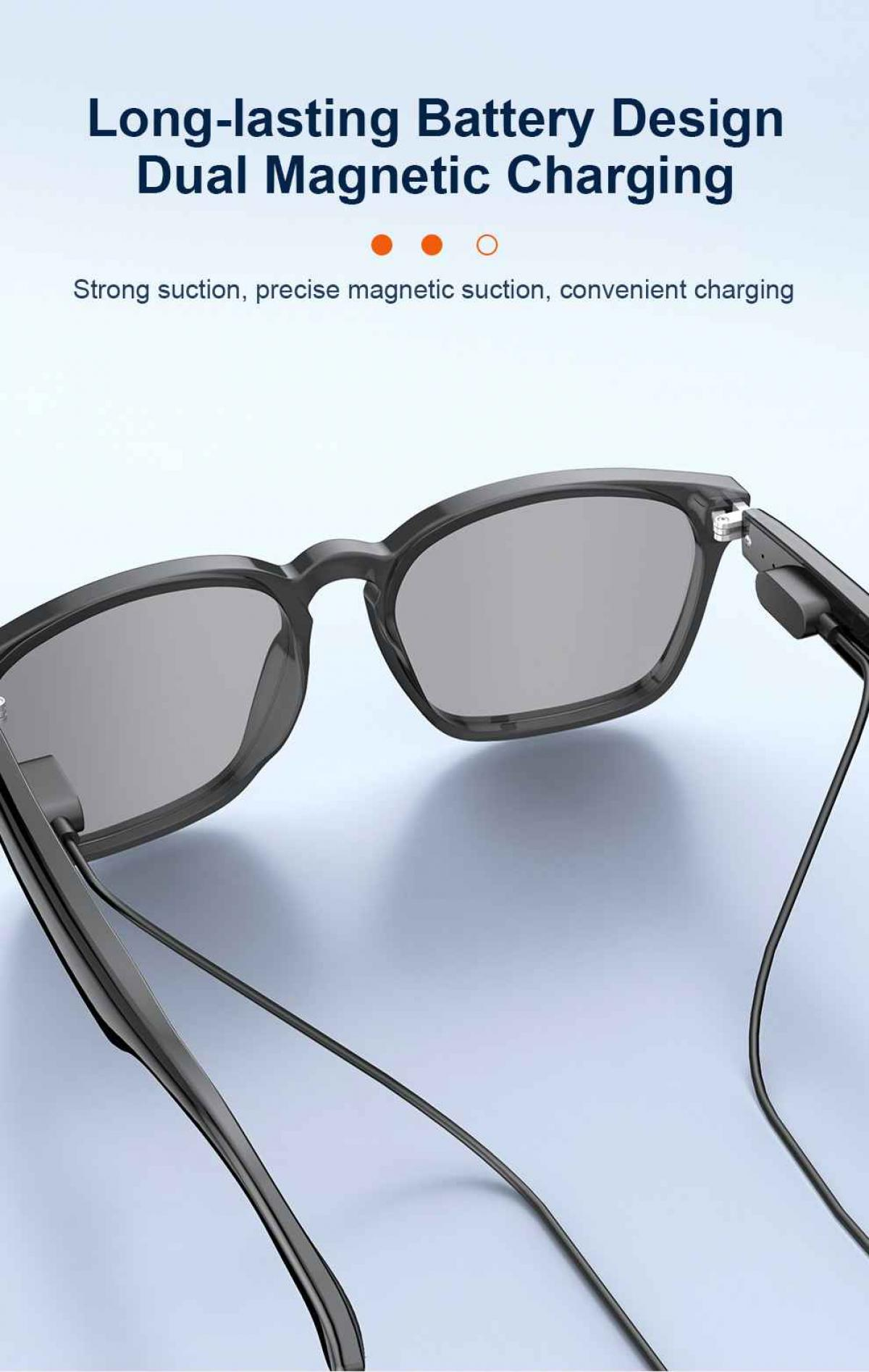Schwarze Brille mit grauen Gläsern und Ladekabeln.