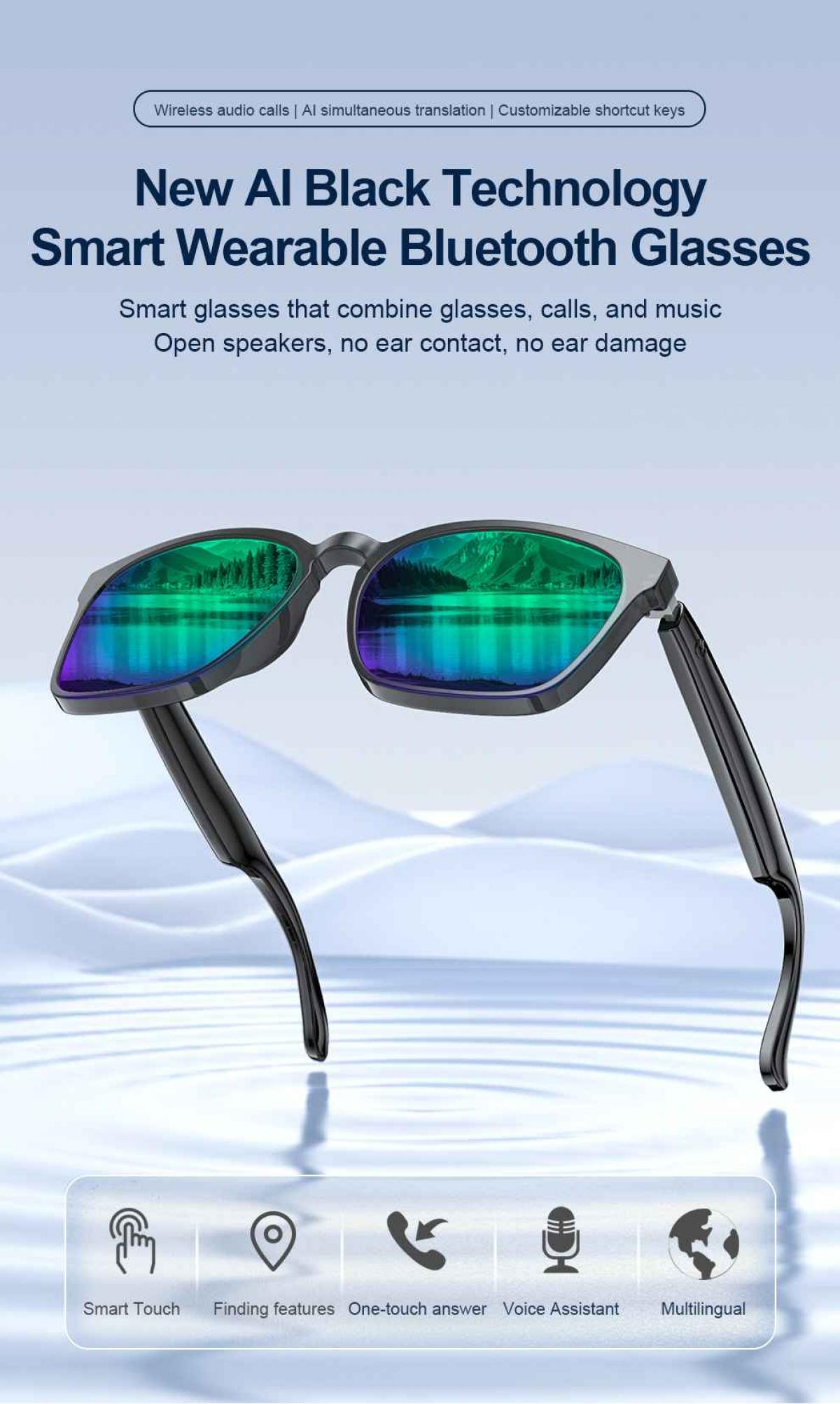Schwarze smarte Bluetooth-Brille mit Spiegelgläsern, die eine Landschaft reflektieren.