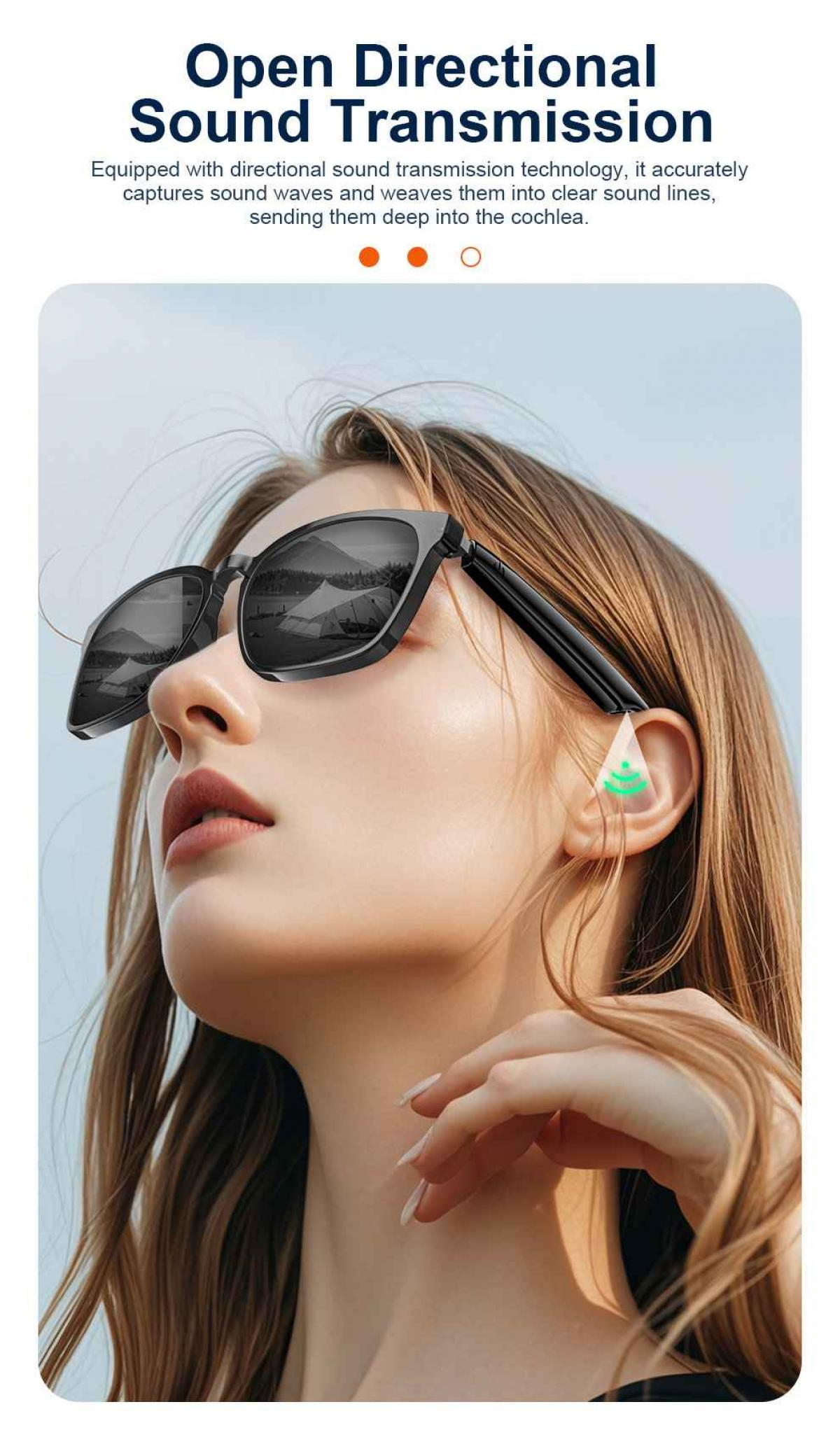 Frau mit Sonnenbrille und Ohrhörer, grünes Licht strahlt in das Ohr.