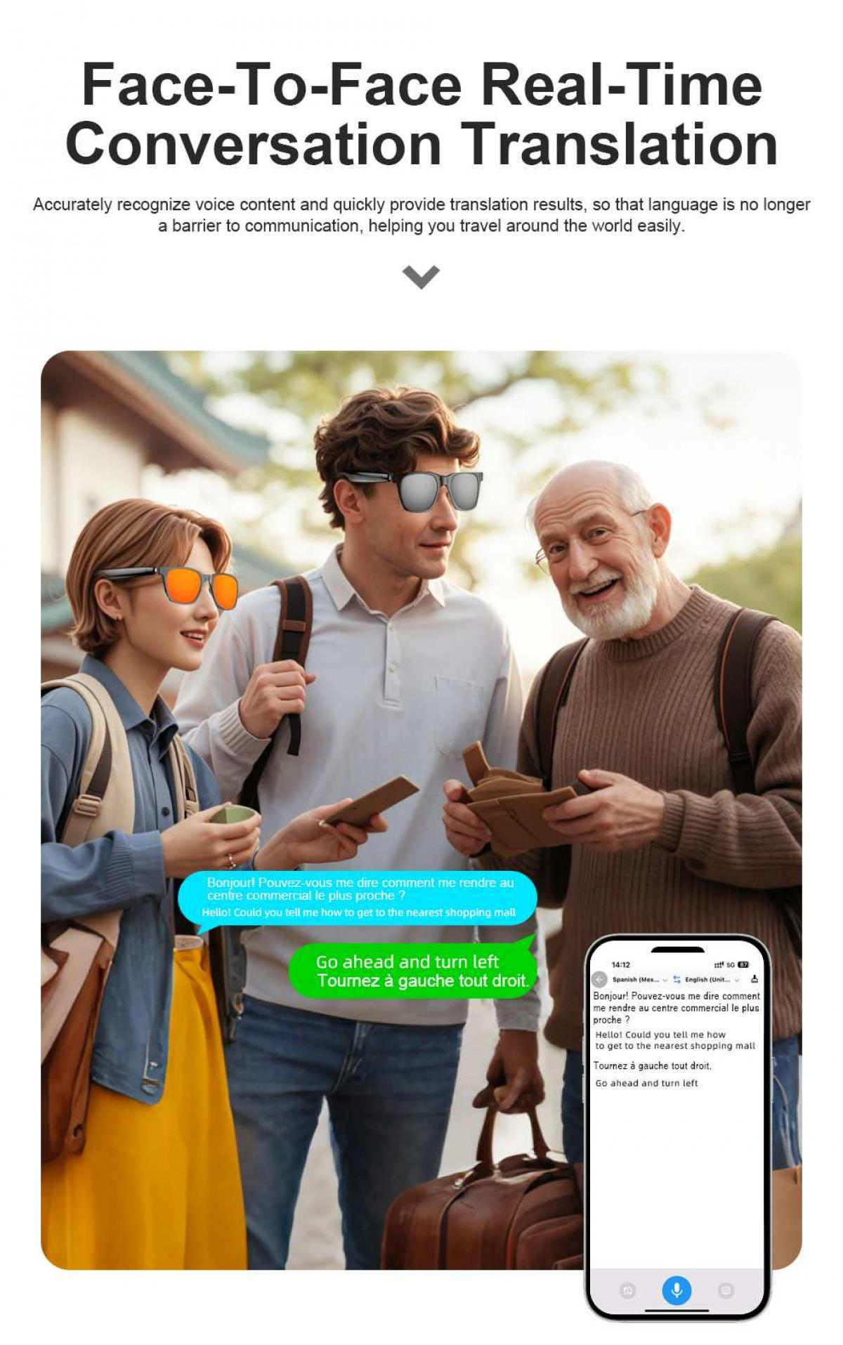 Drei Personen mit Übersetzungsbrillen, eine hält ein Handy mit Übersetzungs-App.