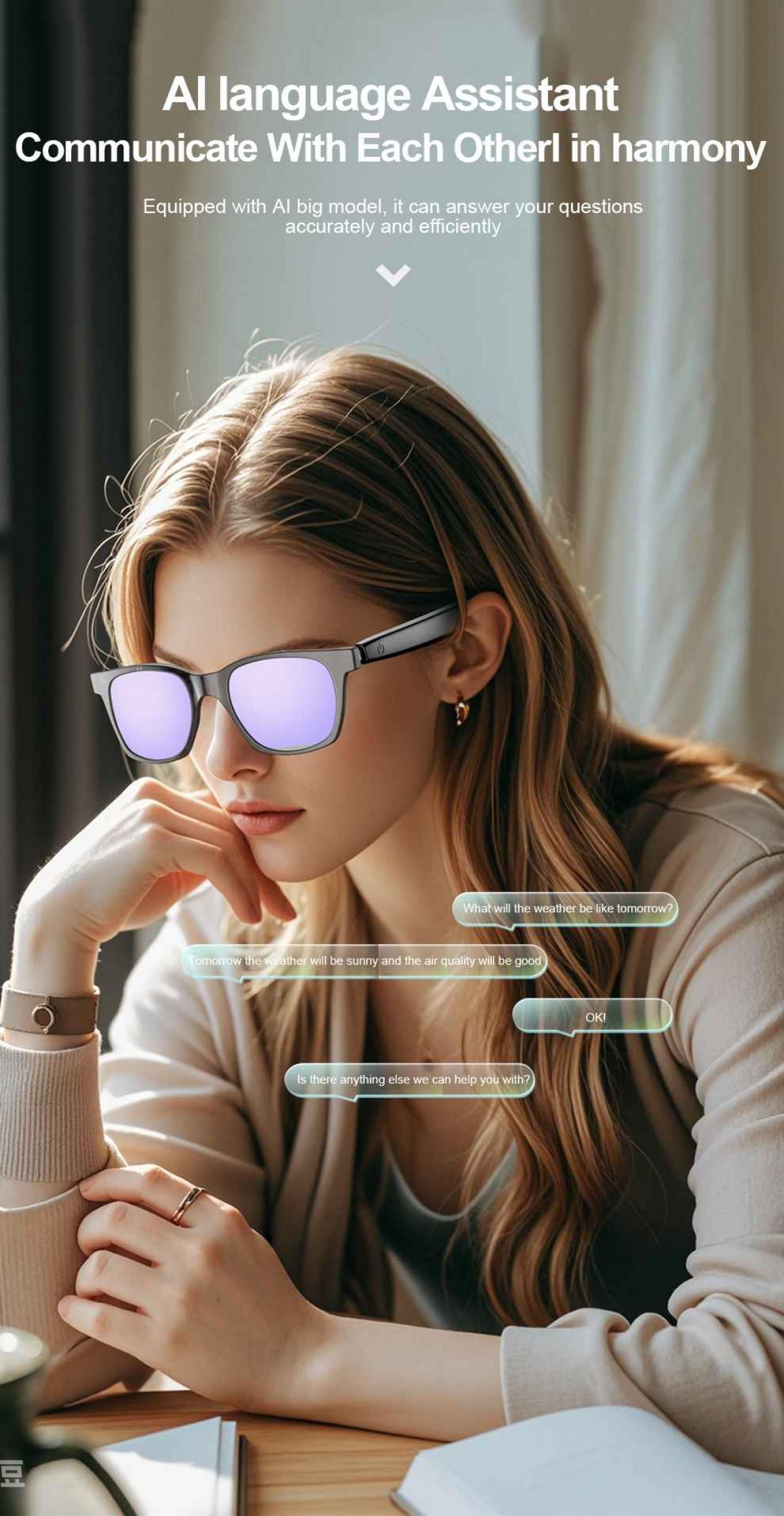 Eine Frau mit Brille, die mit einem KI-Assistenten interagiert. Chat-Blasen zeigen eine Konversation.
