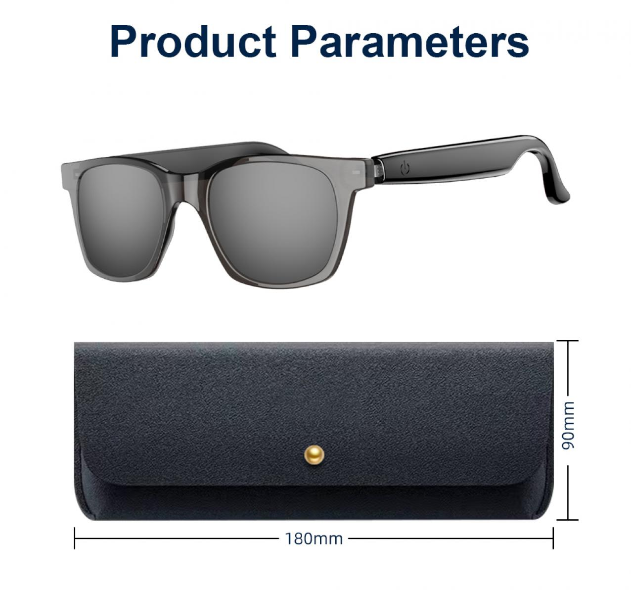 Graue Sonnenbrille über einer schwarzen Hülle mit Maßen von 180 mm x 90 mm.