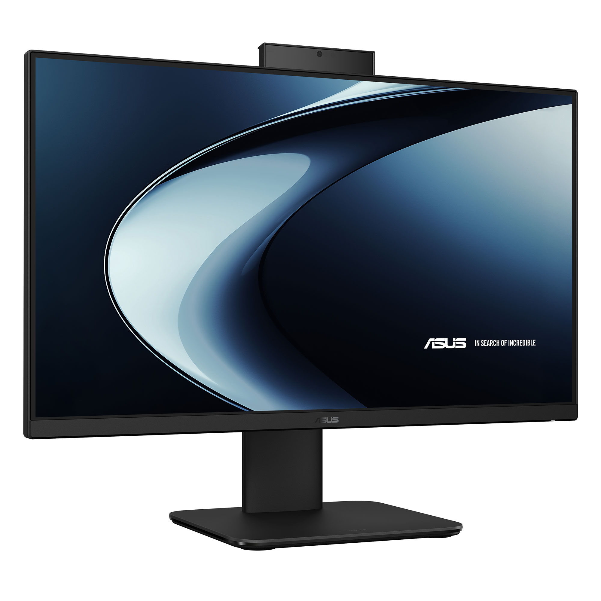Entegre kameralı siyah ASUS monitör ve dinamik mavi soyut arka plan.