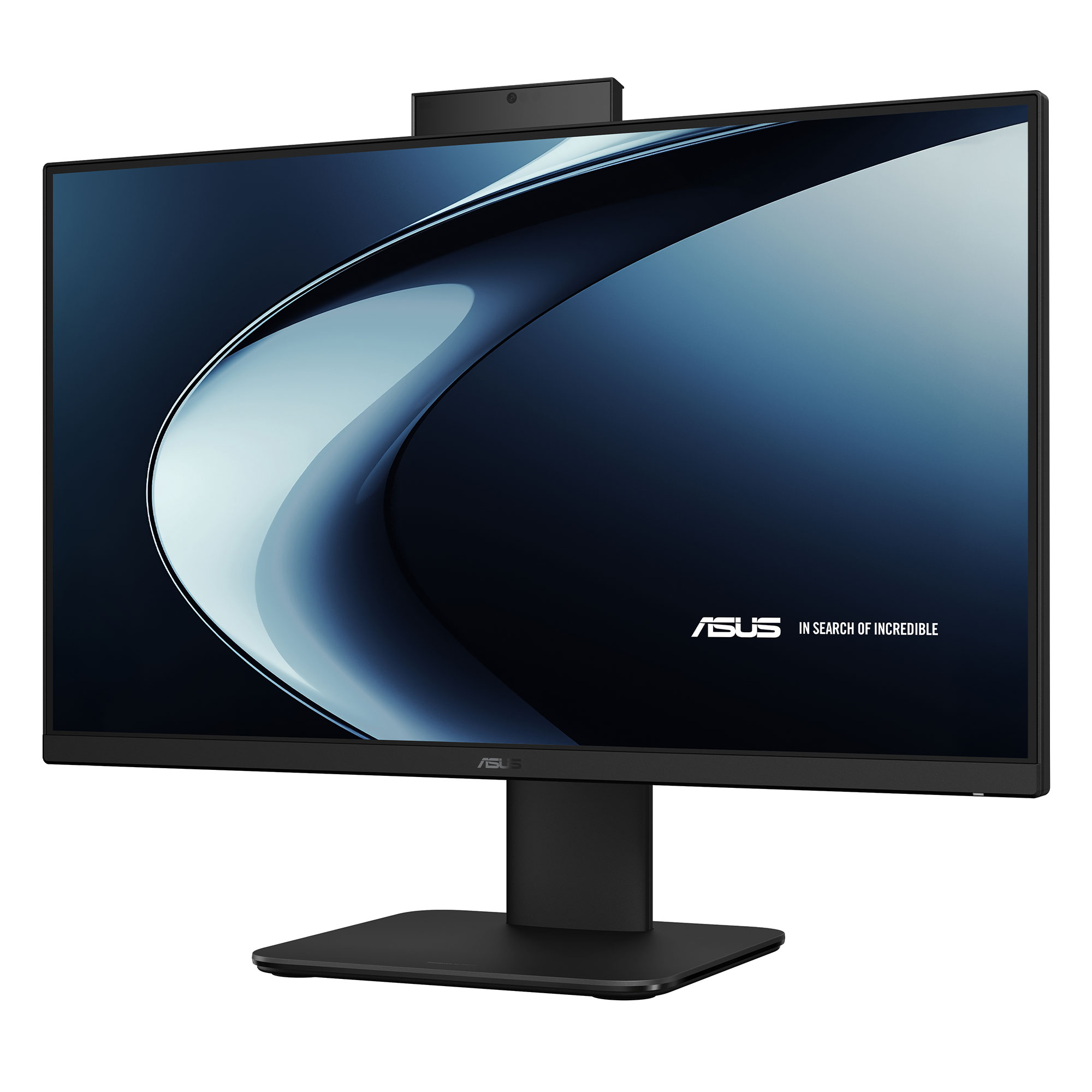 Üstünde web kamerası olan siyah Asus monitör. Ekranda soyut mavi ve beyaz tasarım.