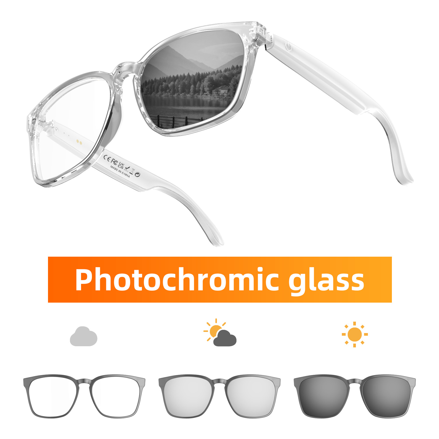 Transparente Brille mit reflektierenden Gläsern, die eine Landschaft zeigen. Drei Linsen sind dargestellt.
