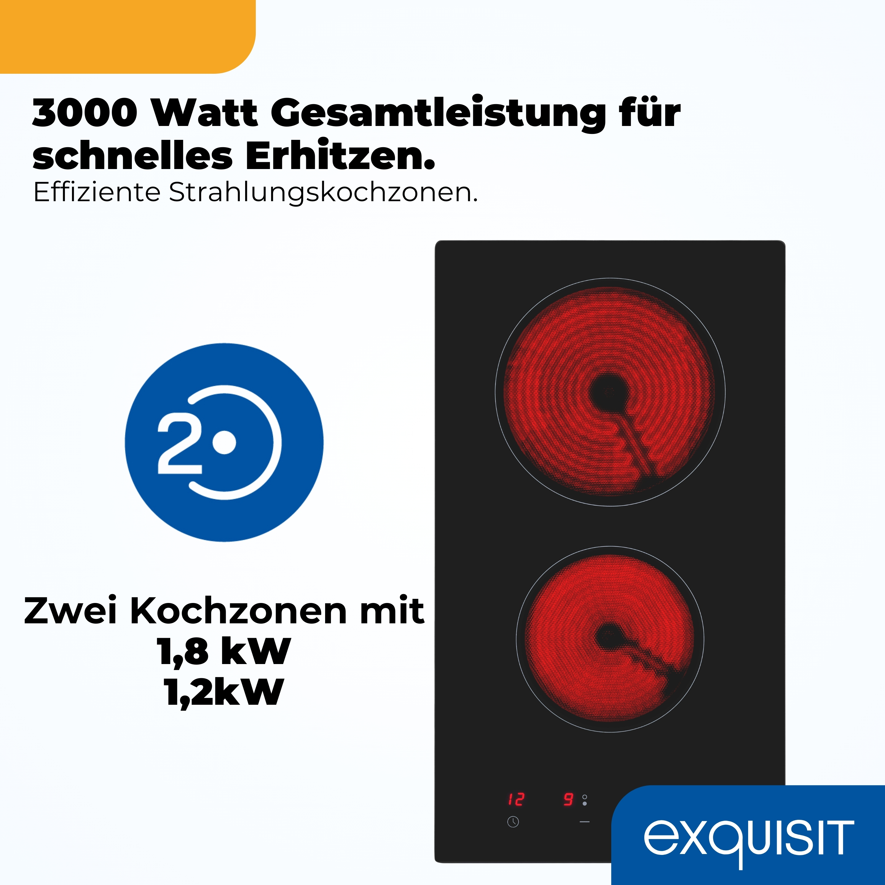 Schwarzes Kochfeld mit zwei roten Glühzonen. Links das Logo mit '2'.