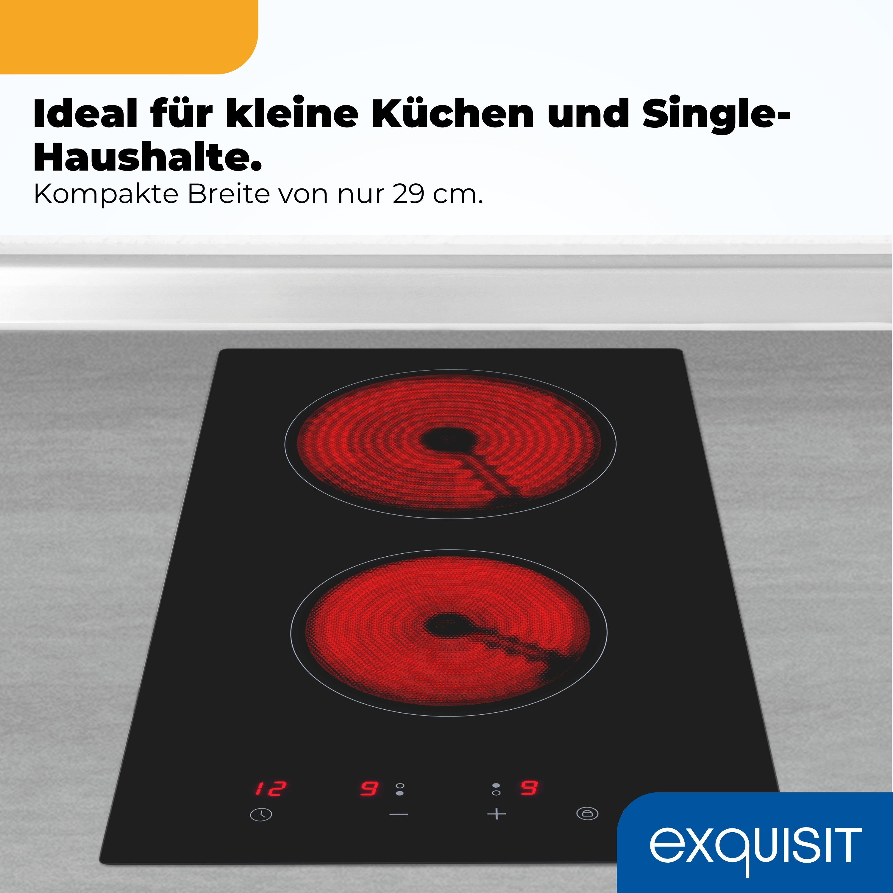 Ein schwarzes Kochfeld mit zwei aktivierten roten Heizzonen. Exquisit Logo.