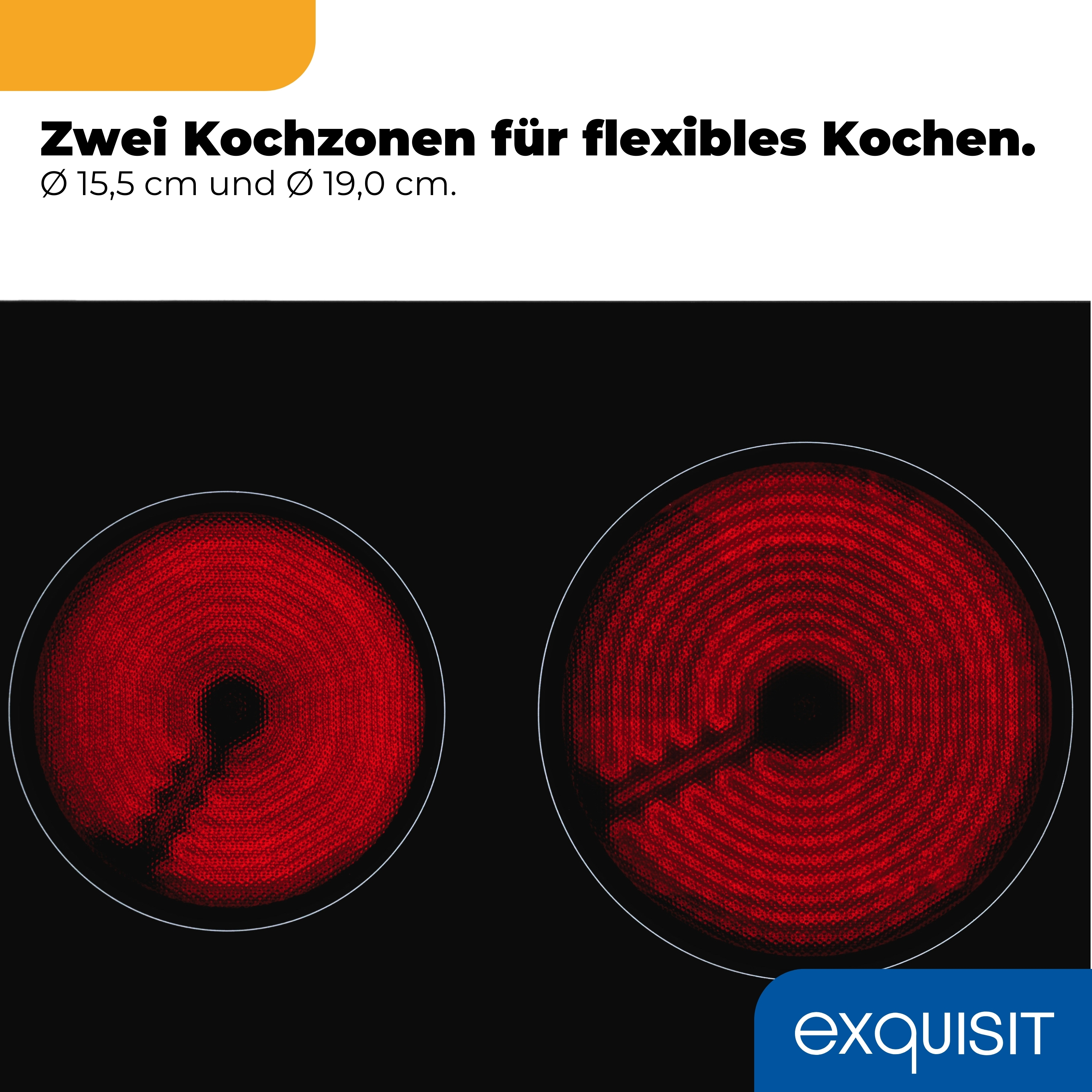 Zwei rote Kochzonen auf schwarzem Ceranfeld mit silbernen Ringen.