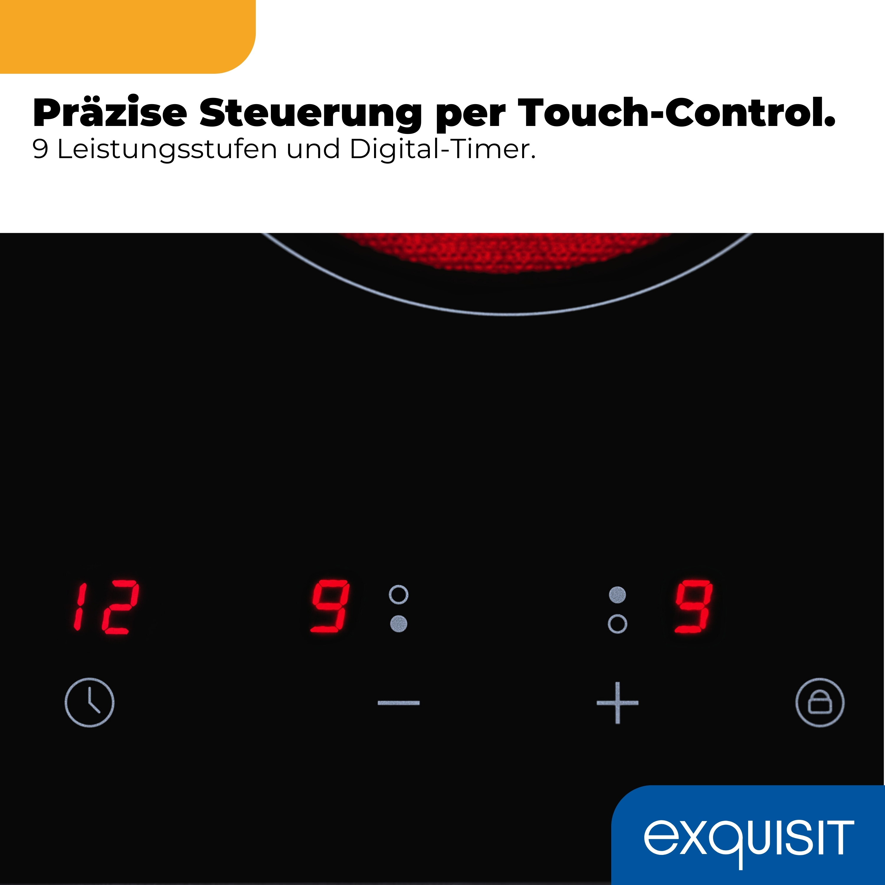 Digitalanzeige mit Timer, Stufen und Schloss-Symbol auf Kochfeld.