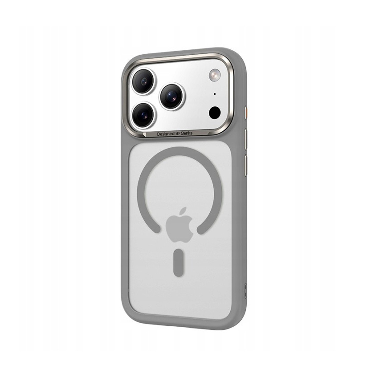 Funda gris para iPhone con tres cámaras y círculo MagSafe.