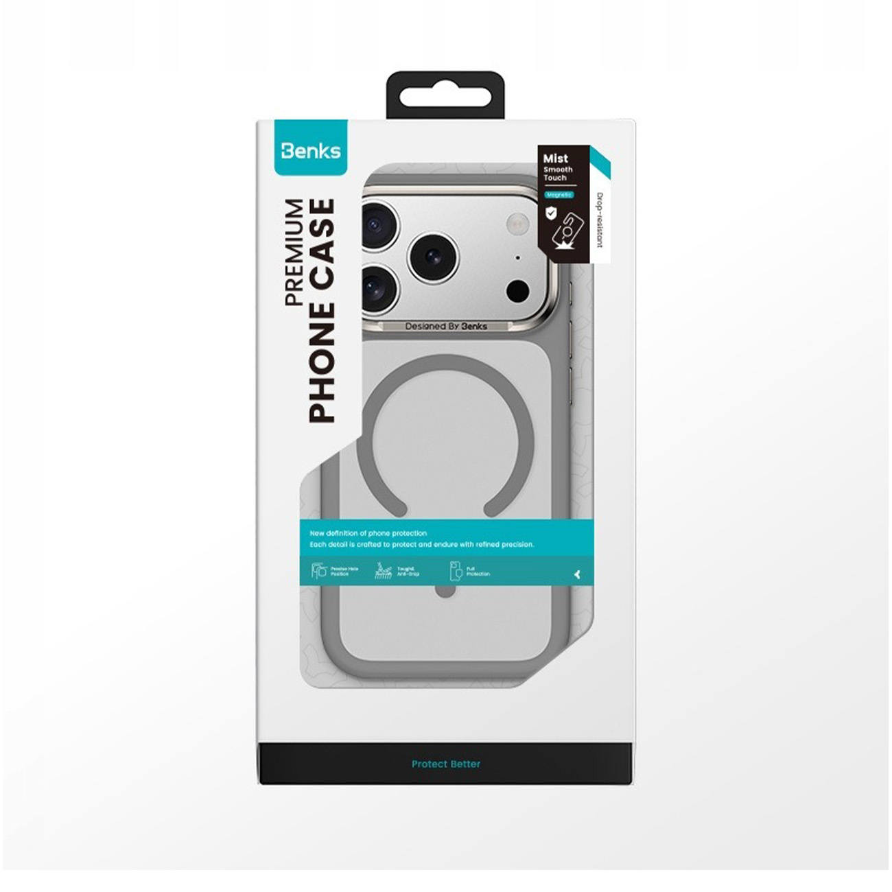 Embalaje de una funda de teléfono gris con logo "Benks" y texto "Premium Phone Case".