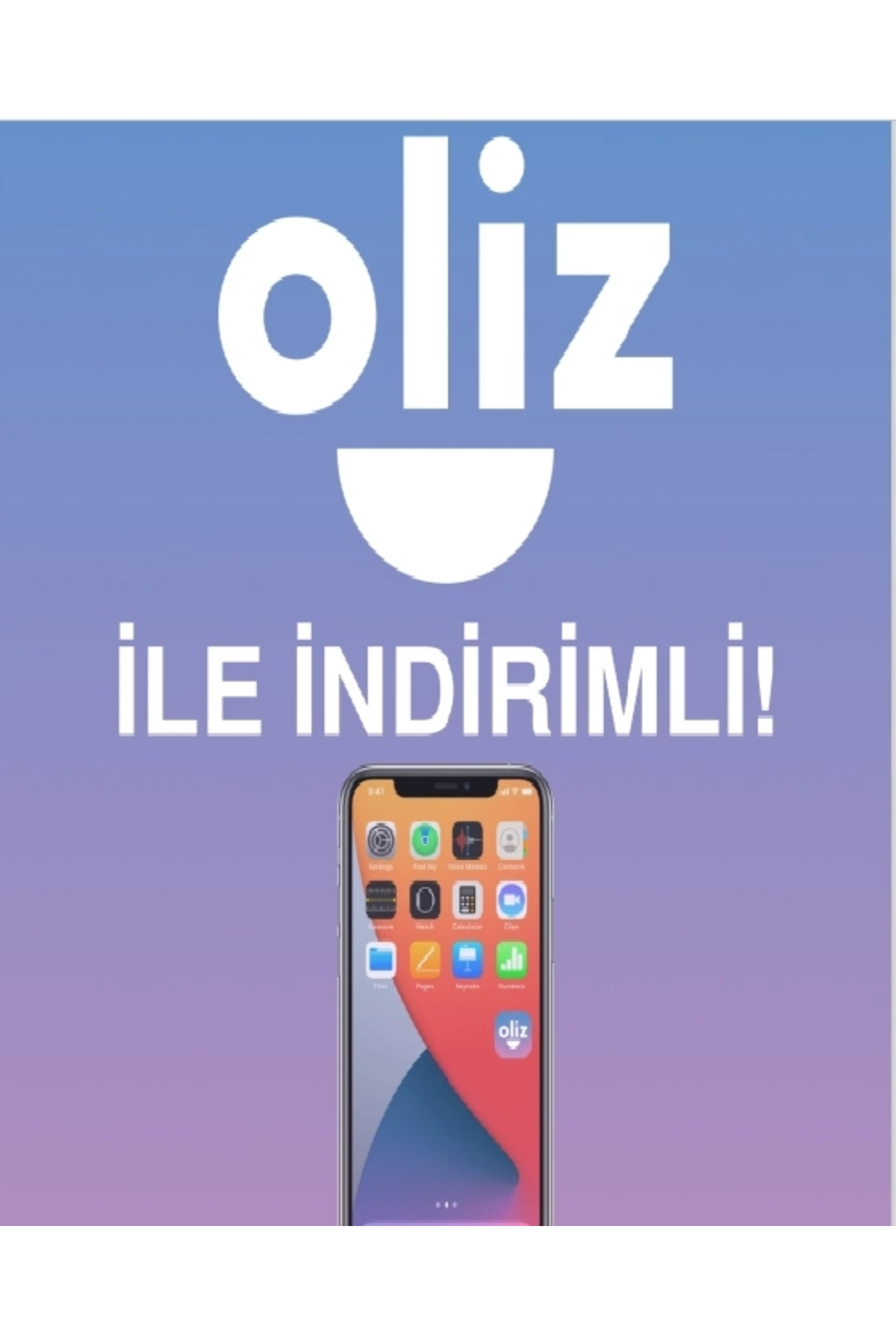Mor-mavi arka plan üzerinde uygulama simgeleri gösteren bir akıllı telefon üzerinde 'oliz' logosu.