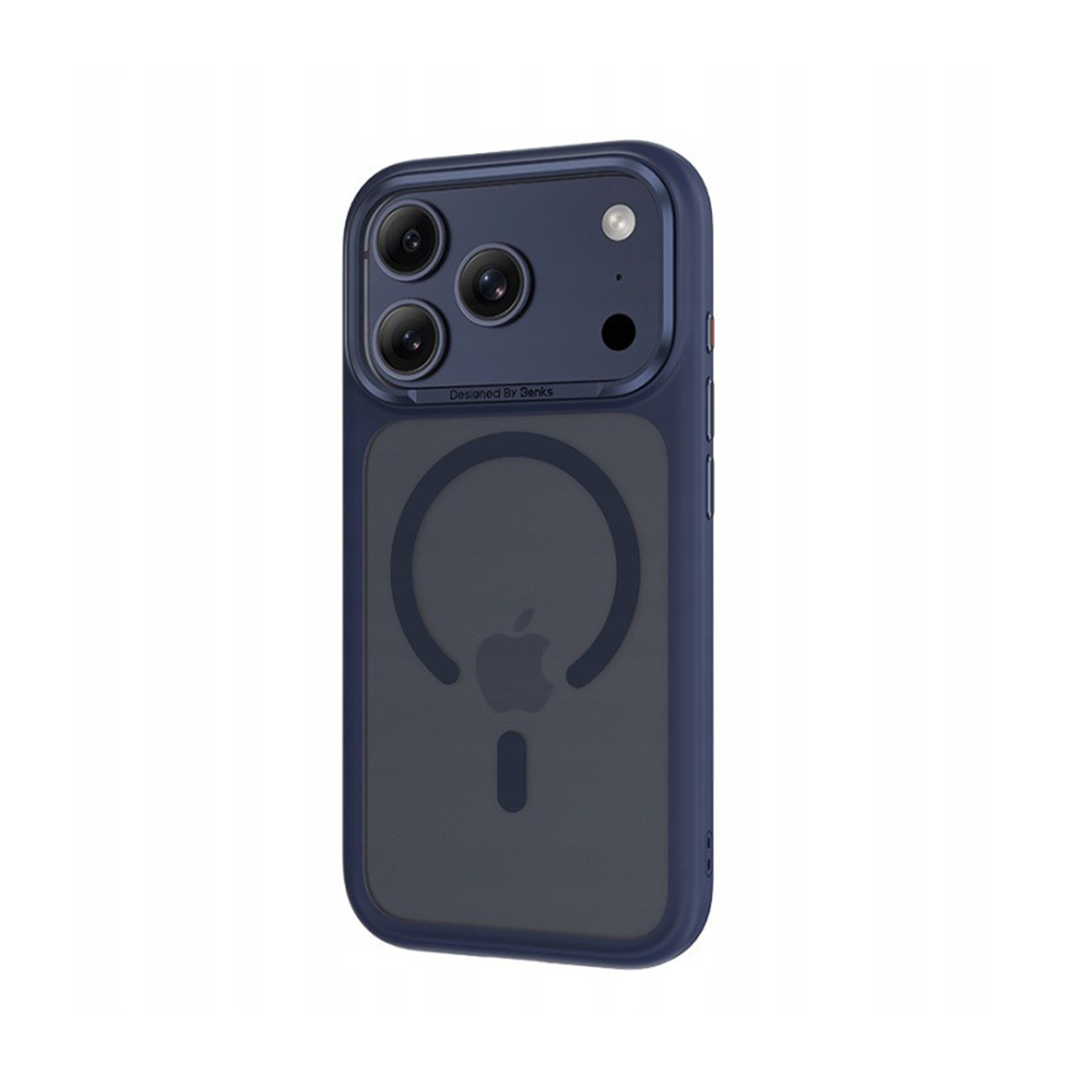 Funda azul oscuro con tres cámaras y logo de Apple.