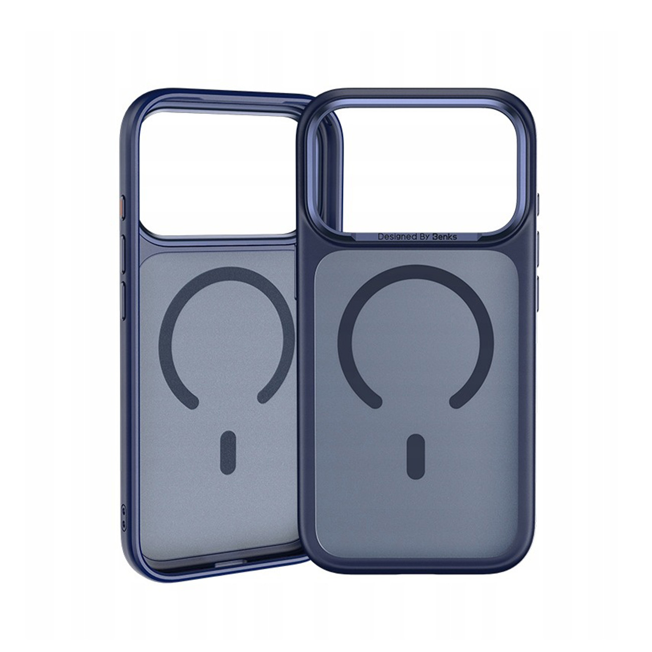 Dos fundas de teléfono azul oscuro con círculo magnético sobre fondo blanco.