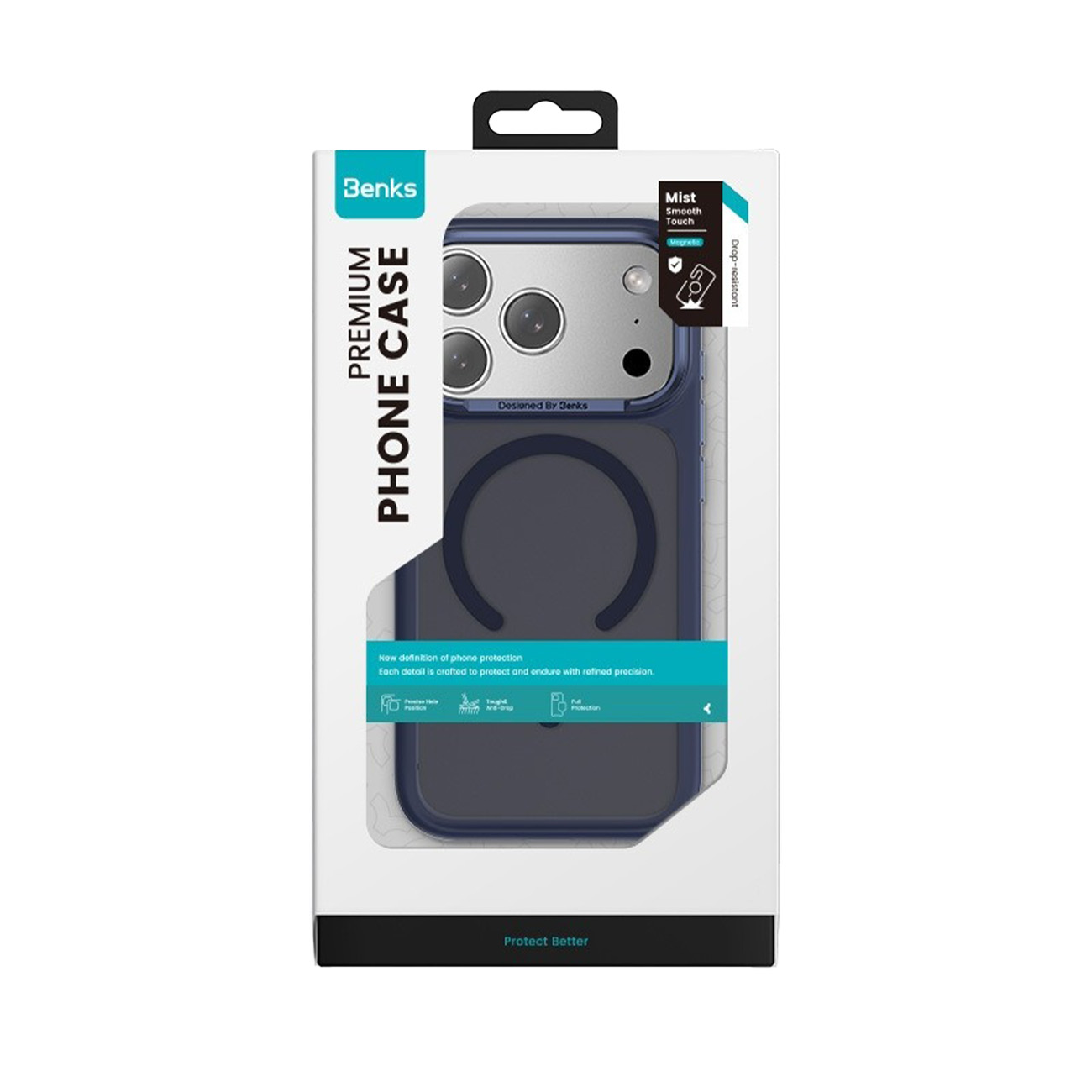 El embalaje de la funda premium Benks muestra una funda azul oscuro para un teléfono.