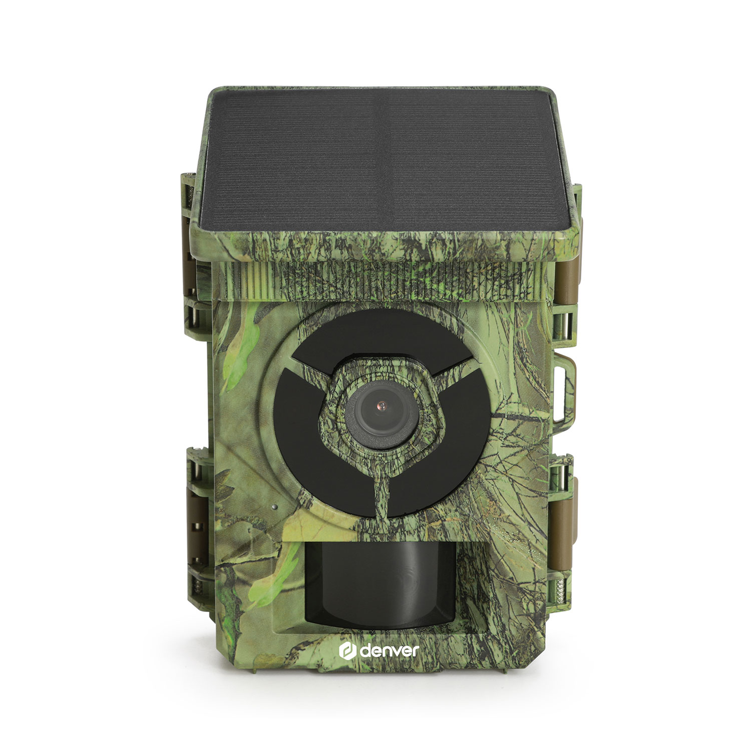 Tarnfarbene Wildkamera mit Solarpanel oben und Denver-Logo.