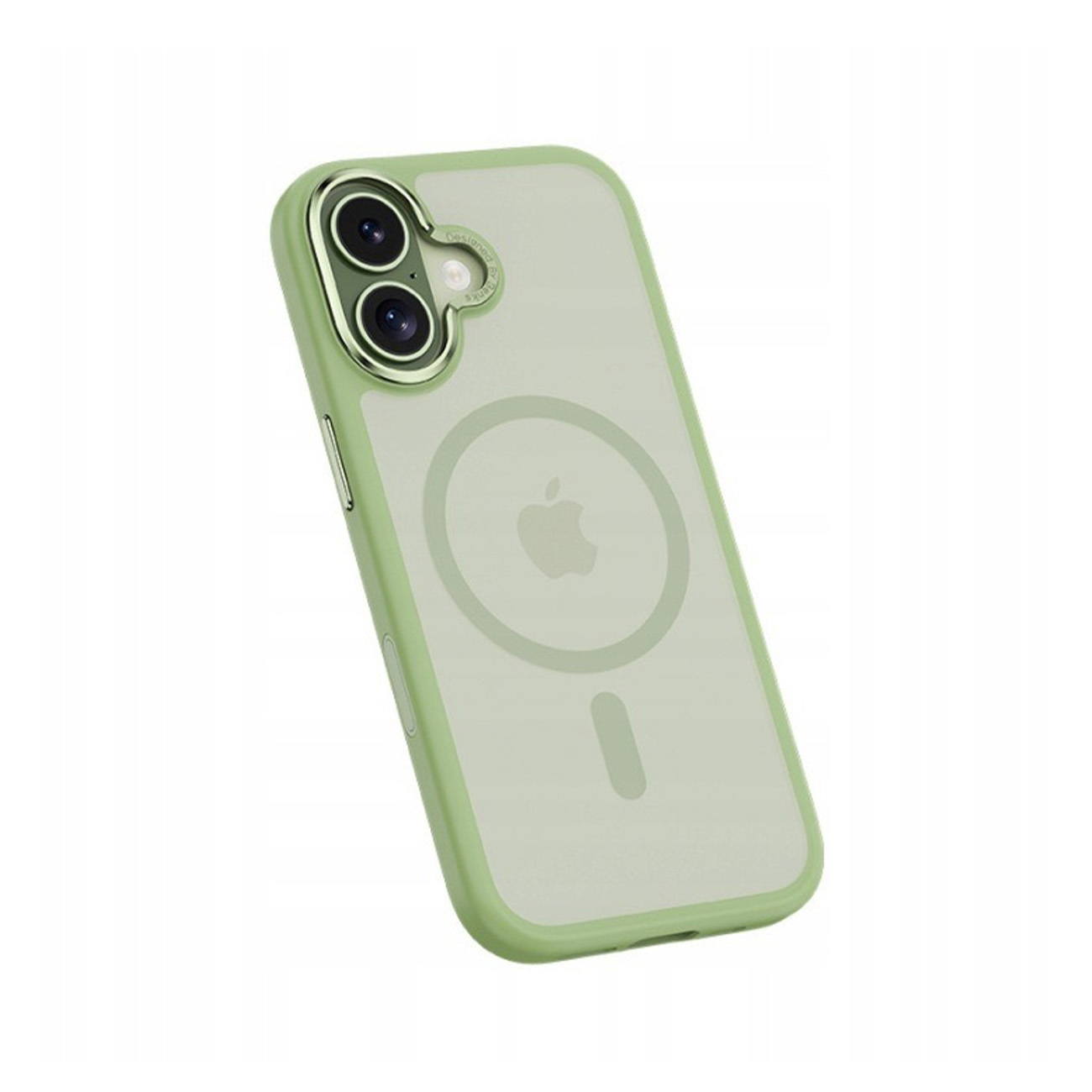 Una funda verde para teléfono con círculo magnético y logo de Apple sobre fondo blanco.