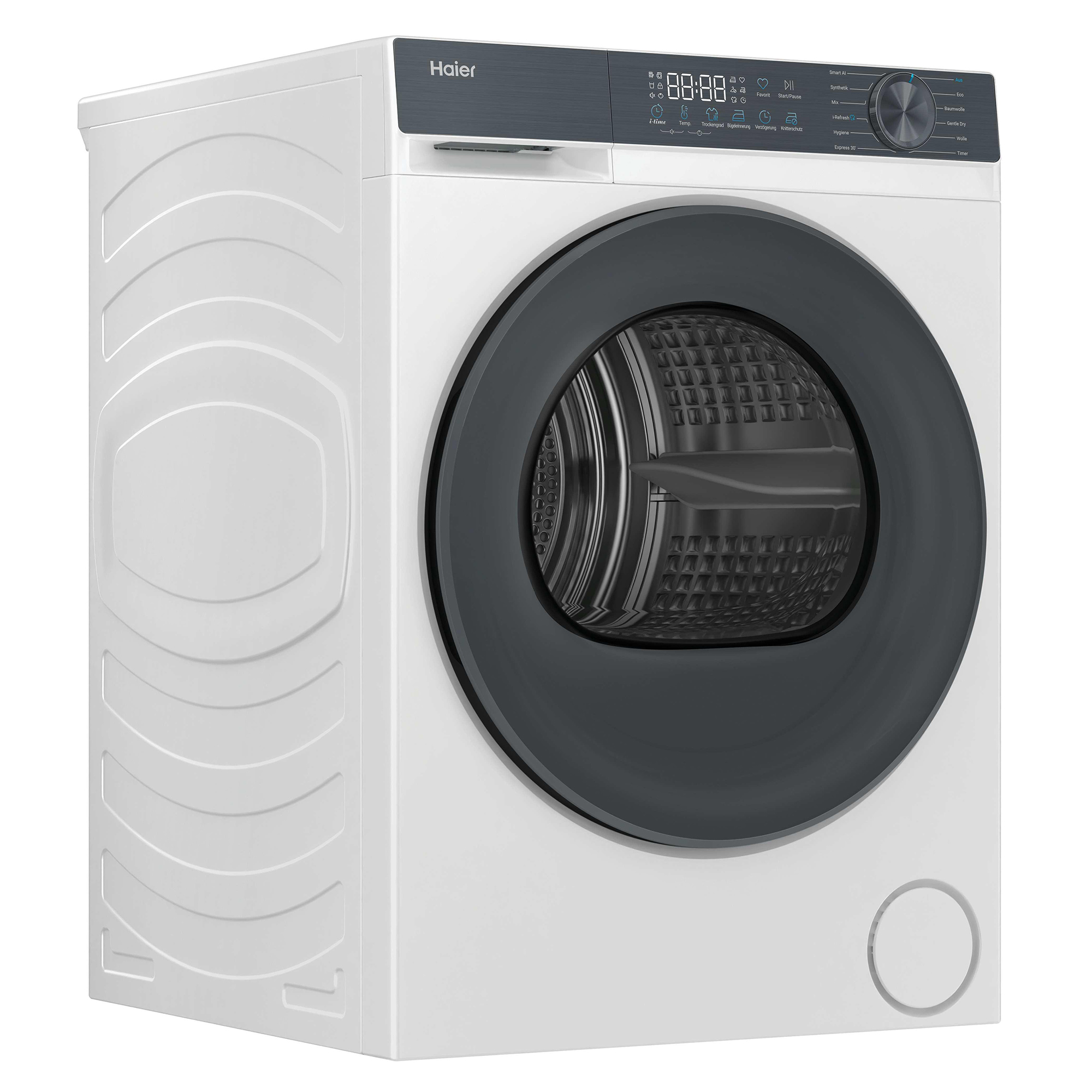 Weiße Haier Waschmaschine mit schwarzer Tür und Bedienfeld. Detailansicht.