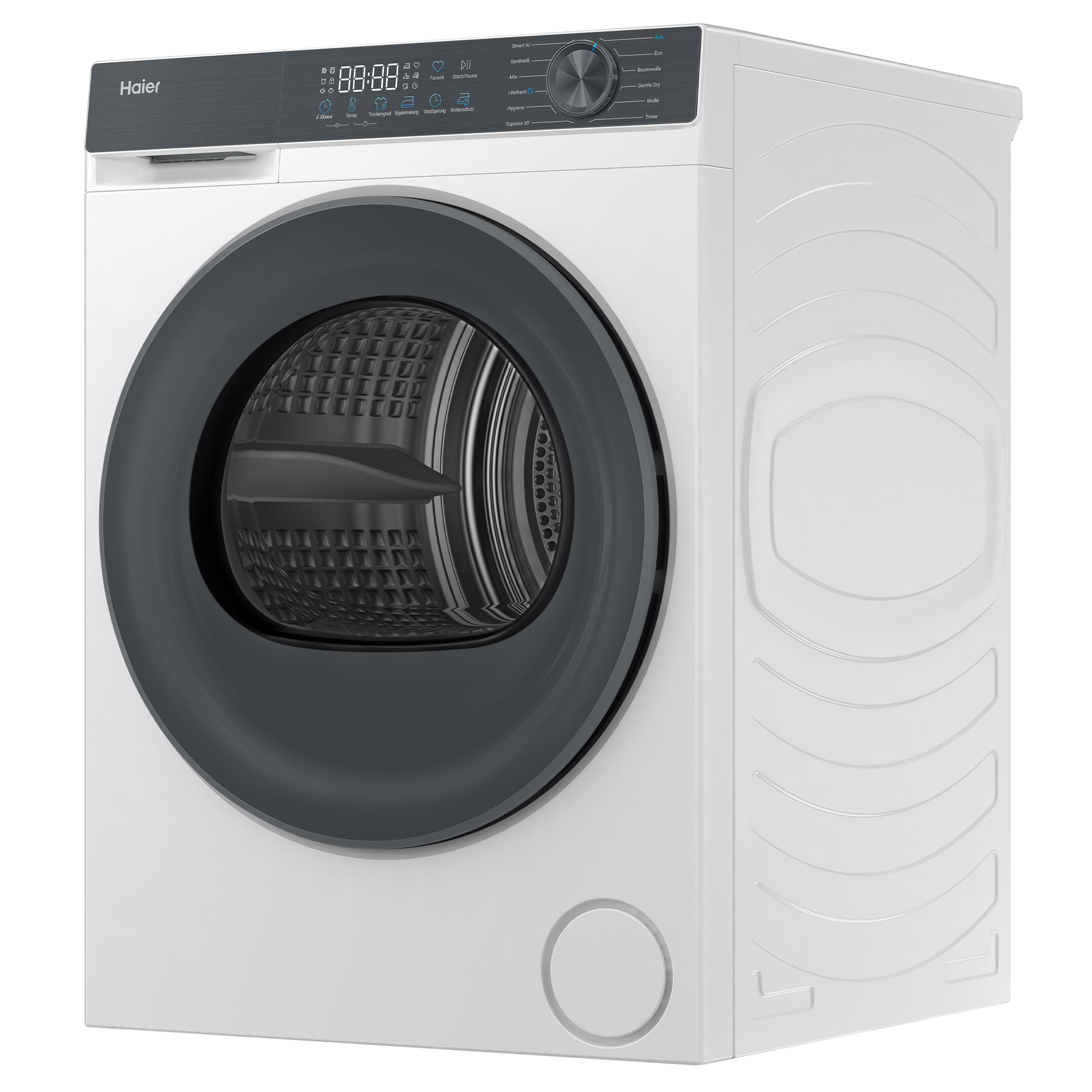 Weiße Haier Waschmaschine mit schwarzer Tür und Bedienfeld. Zeigt 88:88 an.