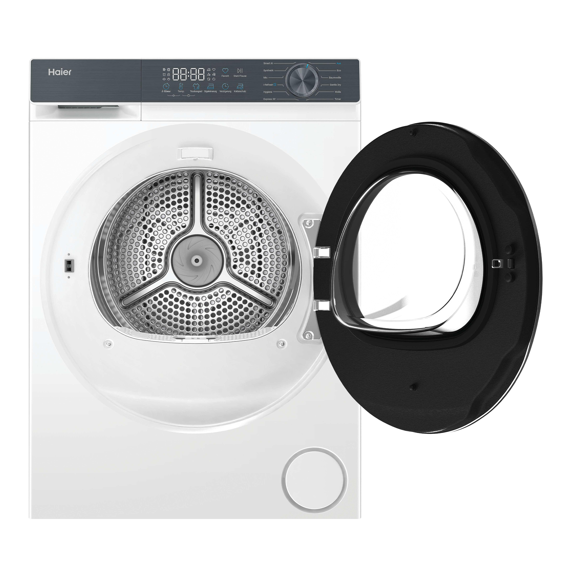 Eine weiße Haier Waschmaschine mit geöffneter schwarzer Tür und Bedienfeld.