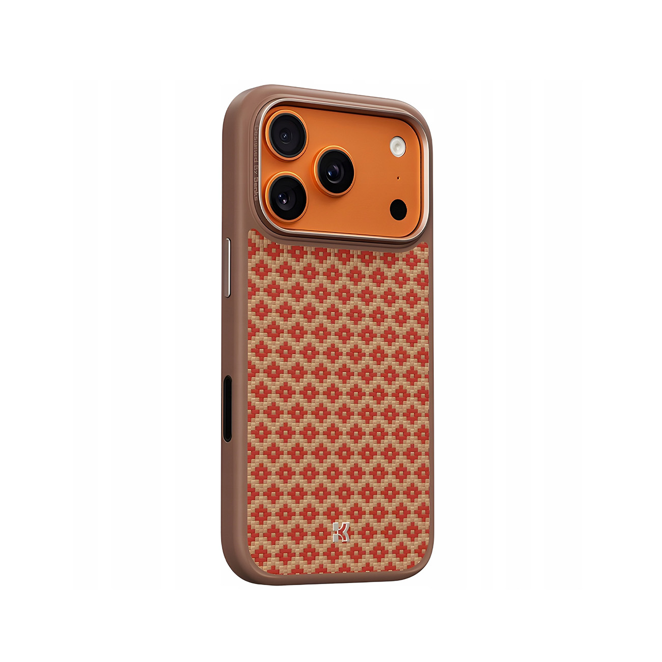 Una funda de teléfono marrón con parte trasera naranja y patrón de diamantes.