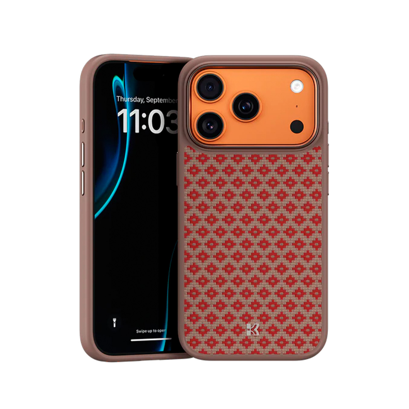 Funda marrón para iPhone con patrón geométrico rojo. Módulo naranja.