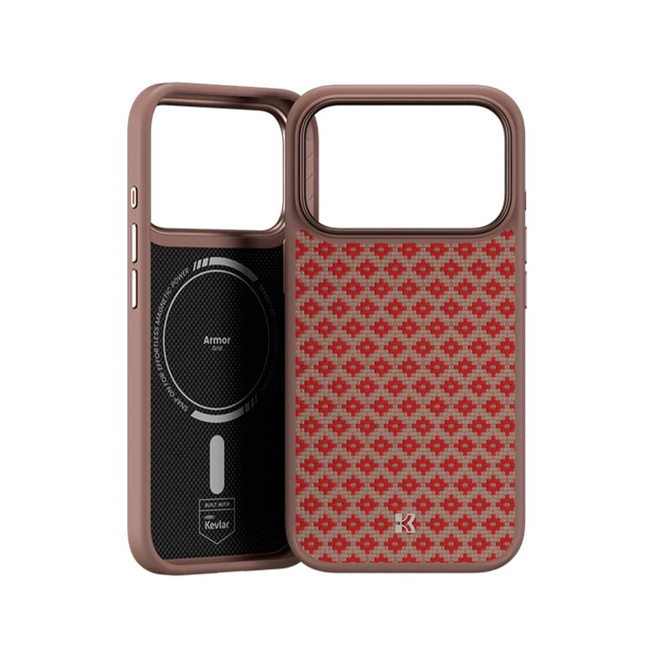 Dos fundas de teléfono una al lado de la otra. Una con estampado, la otra negra con impresión.