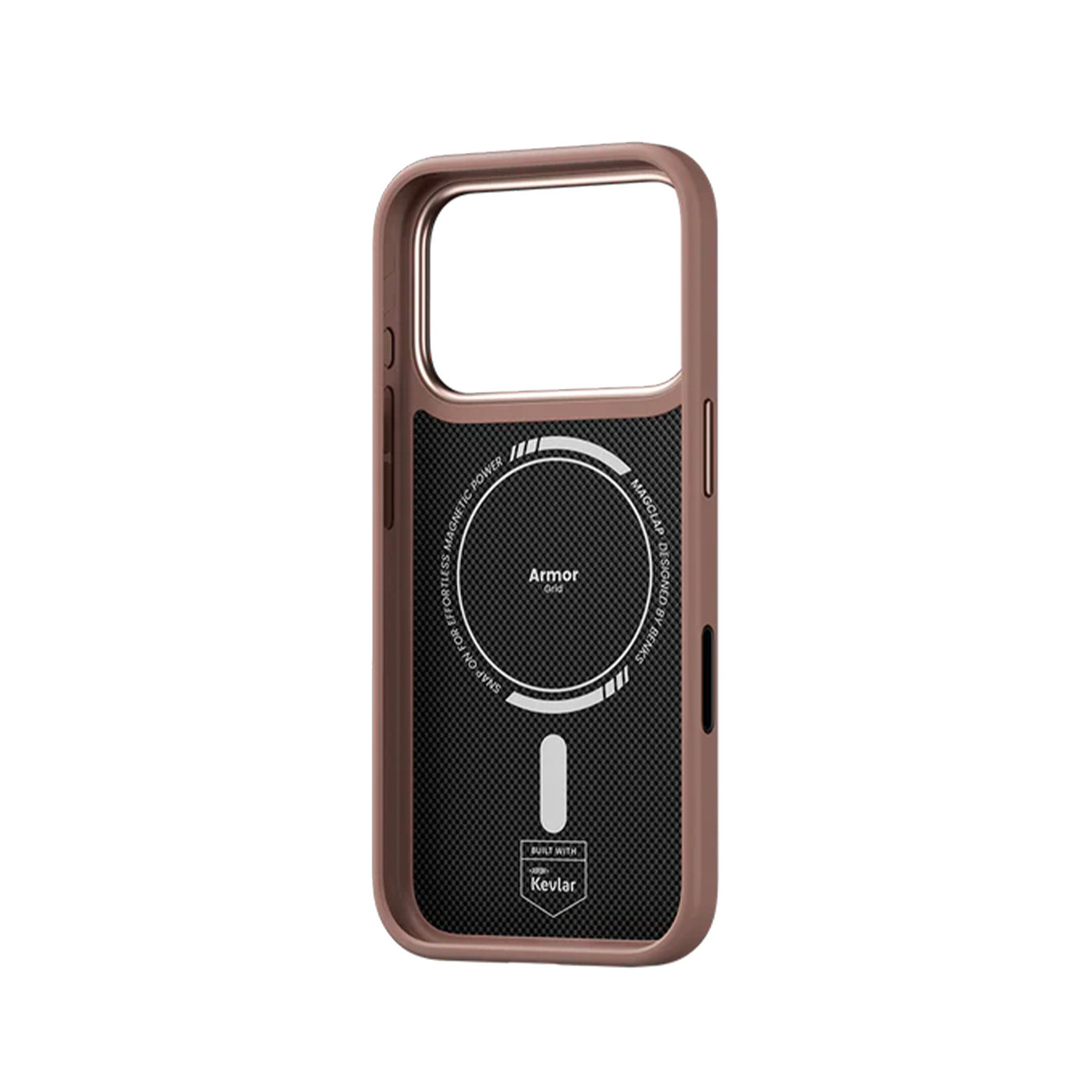Funda de teléfono marrón con anillo MagSafe negro y estampado Kevlar.