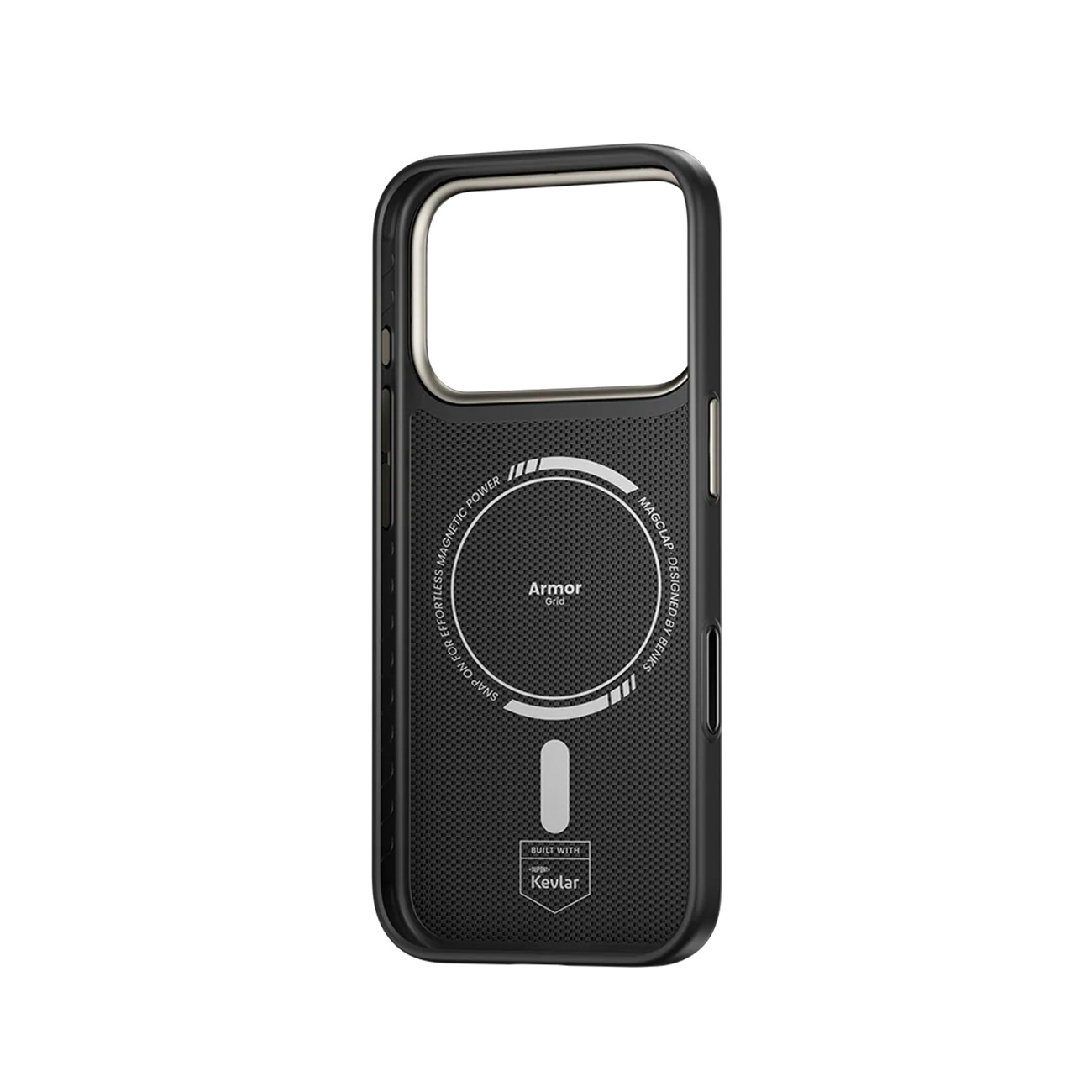 Funda negra para teléfono con anillo MagSafe, Armor Grid y logo Kevlar.