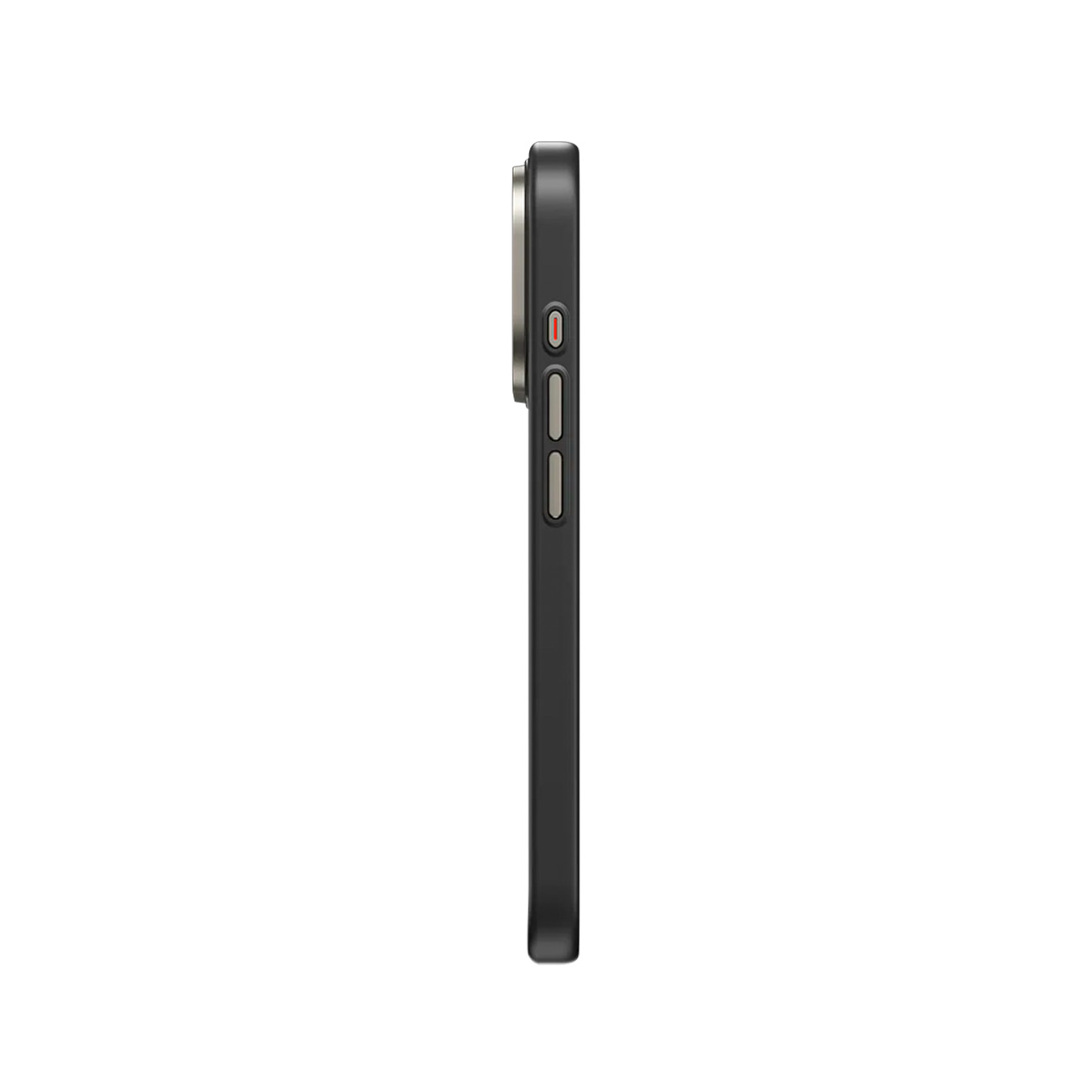 Funda negra de teléfono de perfil con anillo de cámara y botones plateados.