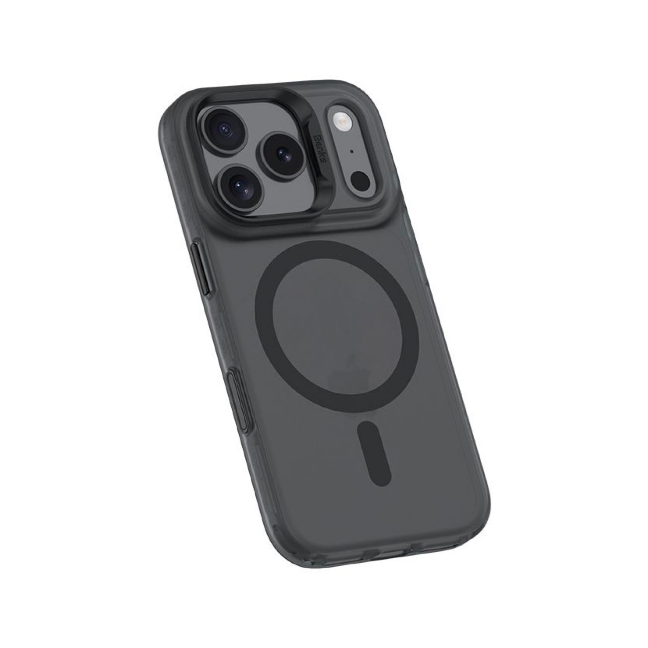 Una funda de teléfono gris oscuro con un bulto de cámara y anillo magnético.