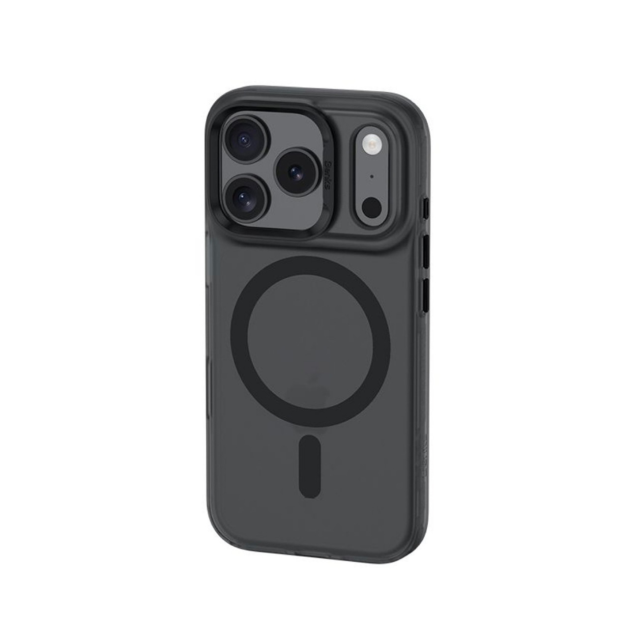 Una funda de teléfono gris oscuro con recorte de cámara y anillo magnético detrás.