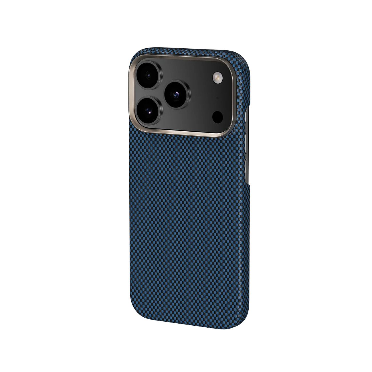Una funda de teléfono azul a cuadros con tres lentes de cámara.