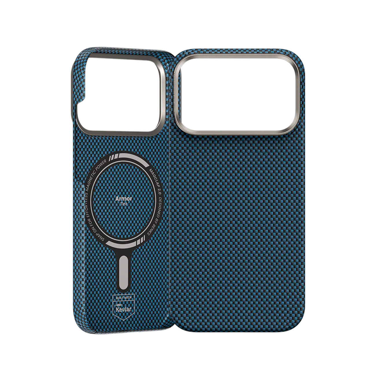 Funda de teléfono a cuadros azul con anillo MagSafe y logo Kevlar.