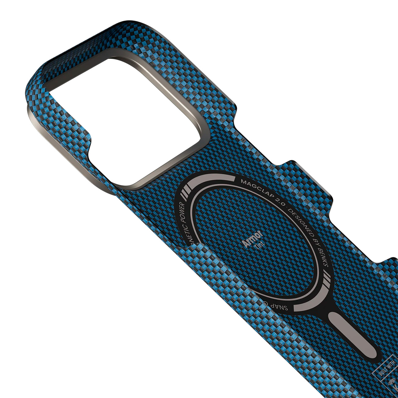 Funda de teléfono azul con patrón de carbono y logo MagSnap.