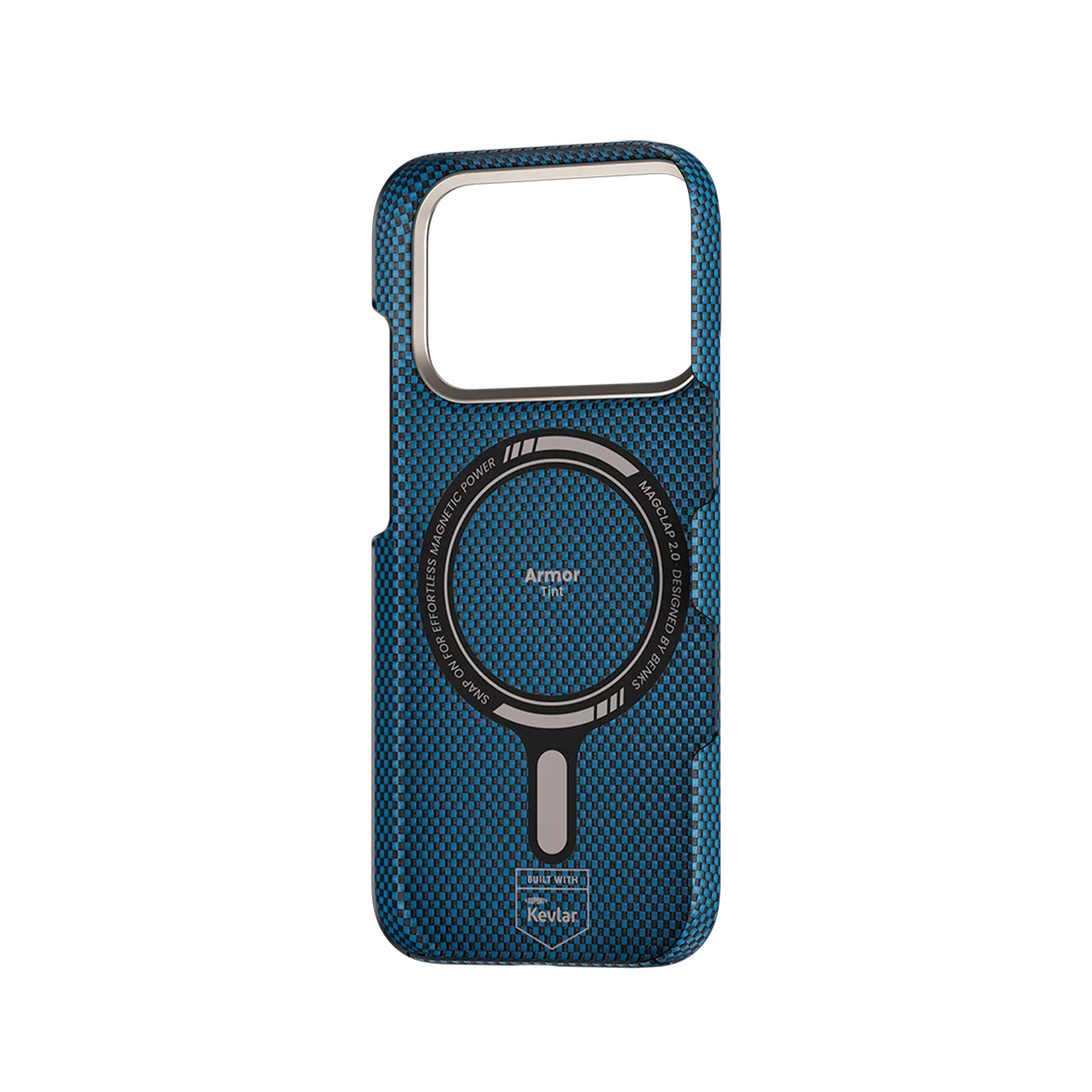 Funda de teléfono azul de fibra de carbono con anillo MagSafe y logo Kevlar.