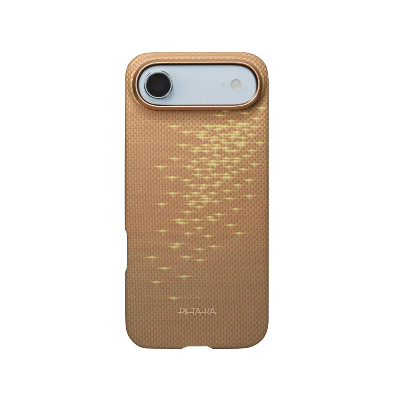 Brązowe etui na telefon z wycięciem na aparat i wzorem. Logo marki na dole.