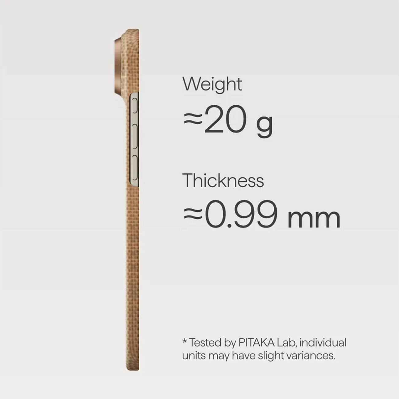 Etui na telefon pokazane z wagą ok. 20g i grubością ok. 0,99mm.