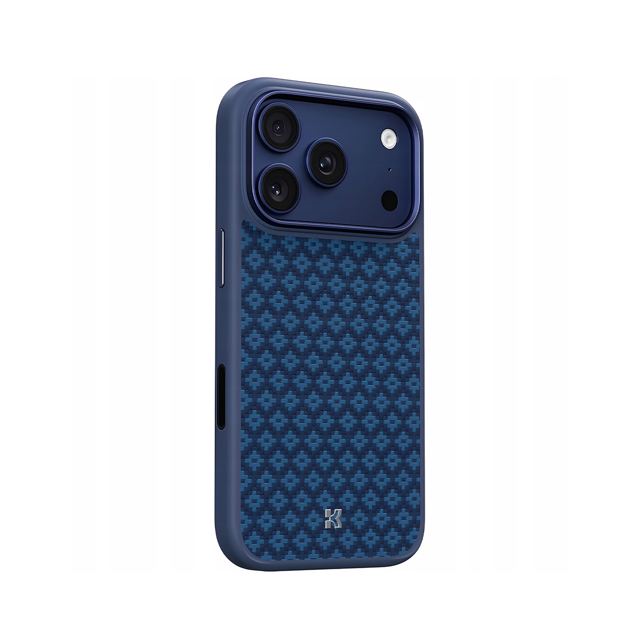 Funda azul oscuro para móvil con patrón de diamantes y tres lentes.