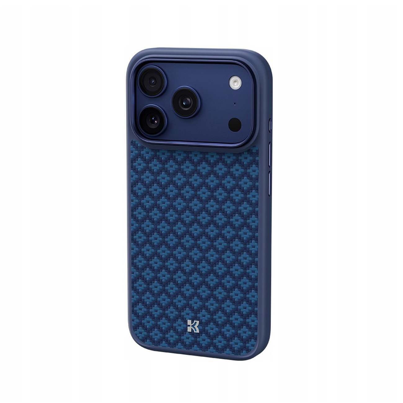 Funda azul oscuro para teléfono con patrón texturizado y recorte de cámara.