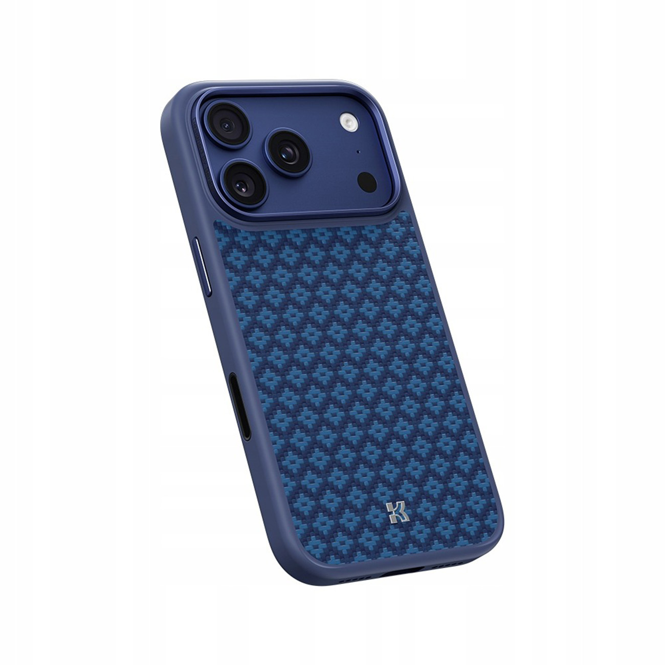 Funda azul oscuro para teléfono con patrón de diamantes y corte de cámara.