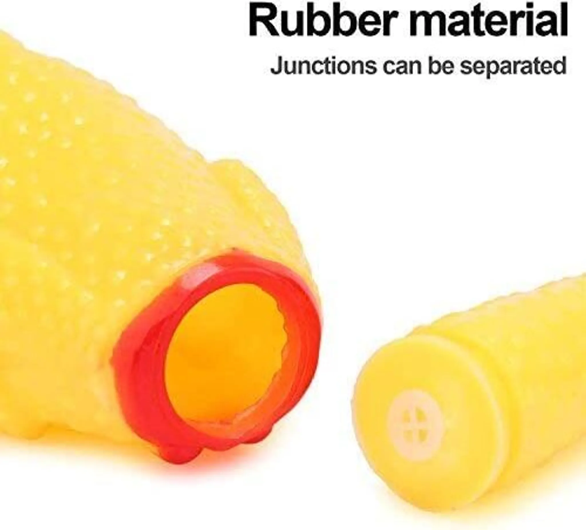 Gelbes Gummihuhn-Teil mit rotem Rand und ein weiteres separates Teil.