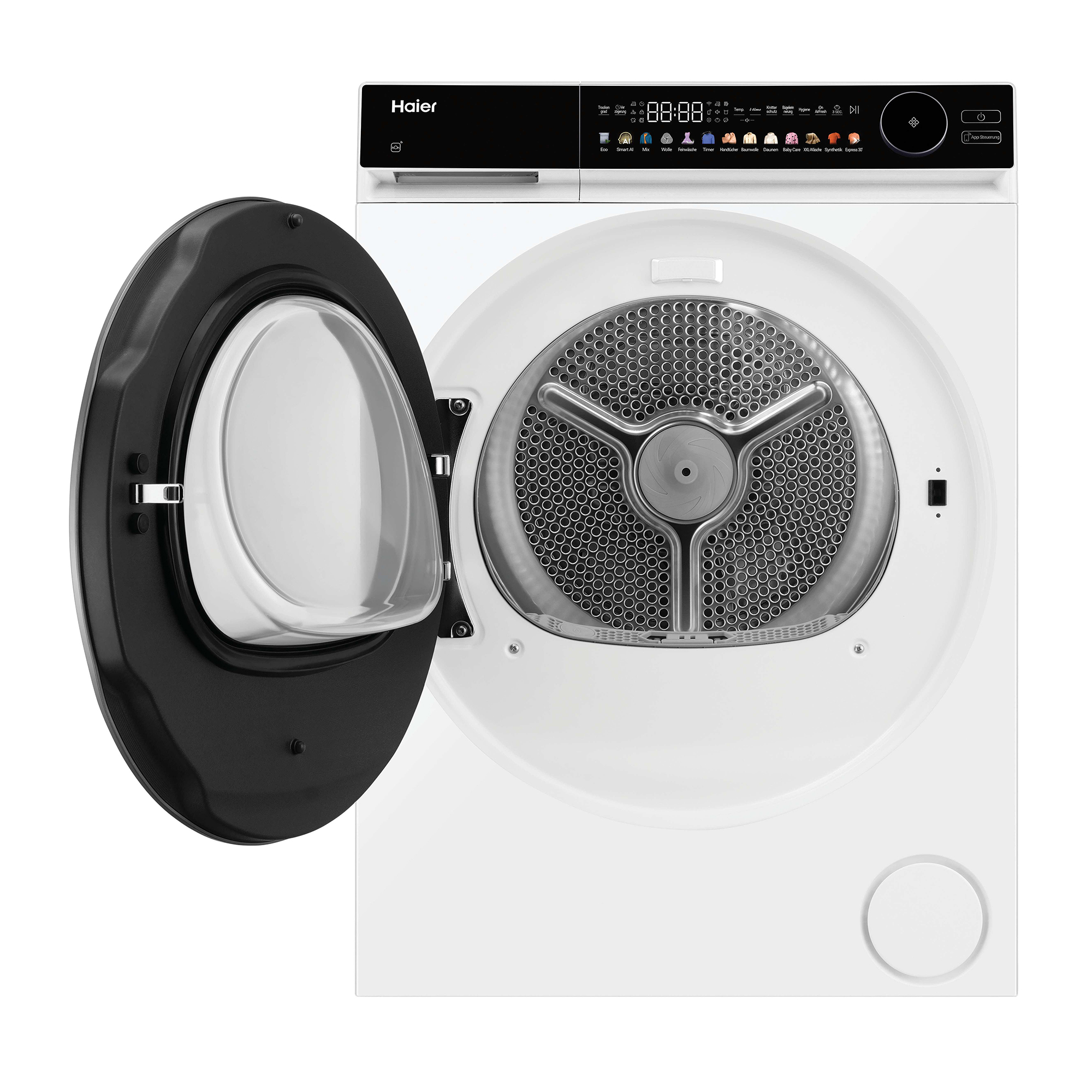 Weiße Haier Waschmaschine mit geöffneter schwarzer Tür und Bedienfeld.