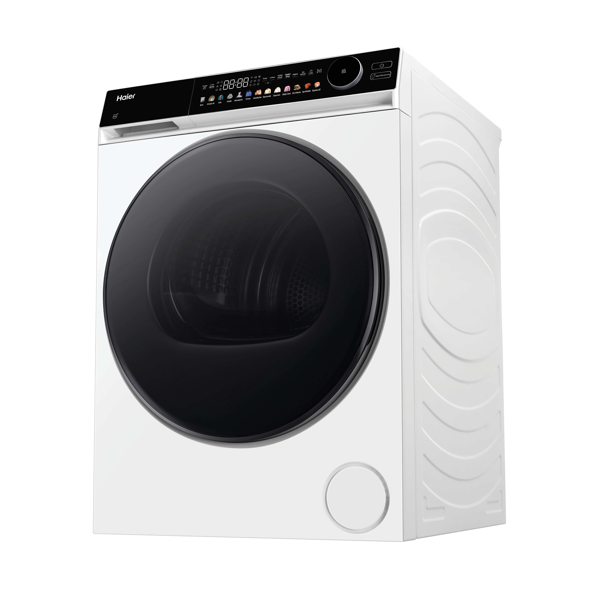 Eine weiße Haier Waschmaschine mit schwarzer Tür und digitalem Display.