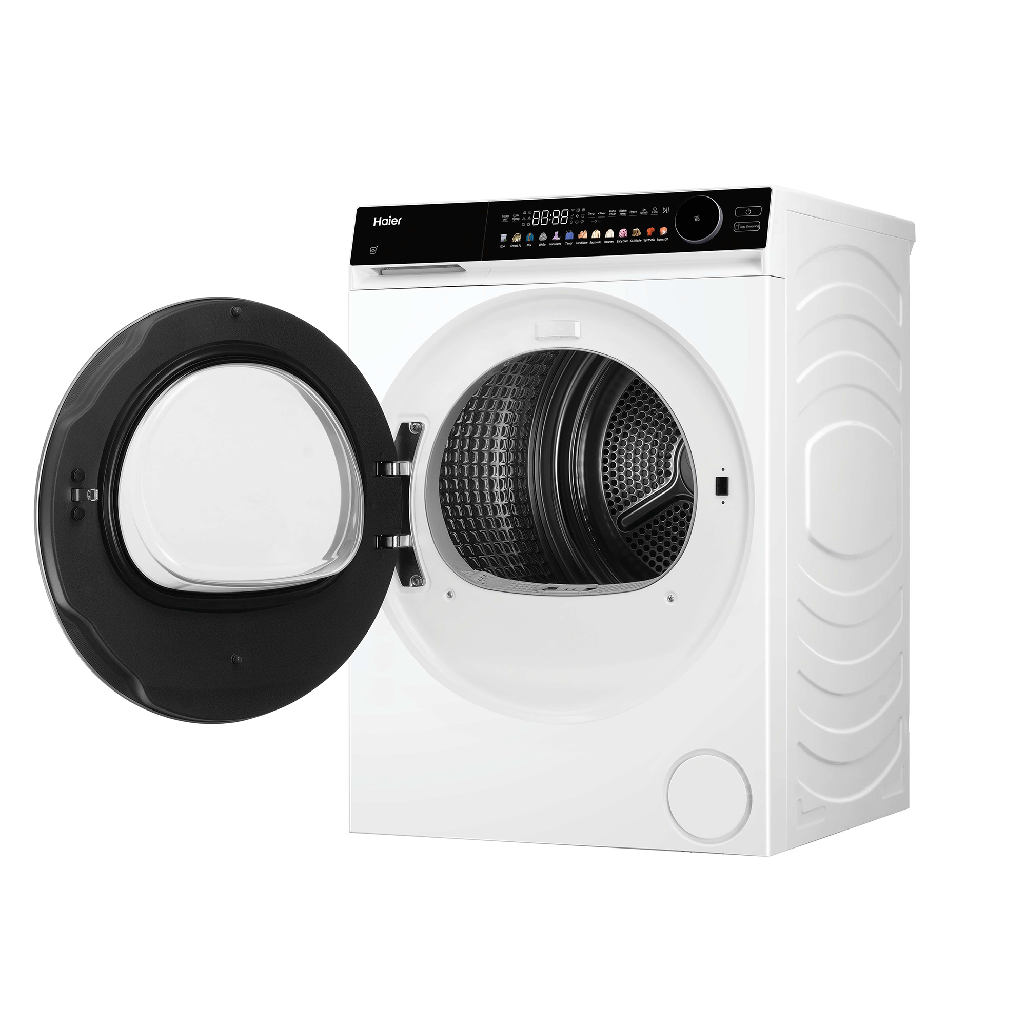 Eine weiße Haier Waschmaschine mit offener Tür und schwarzem Rand.