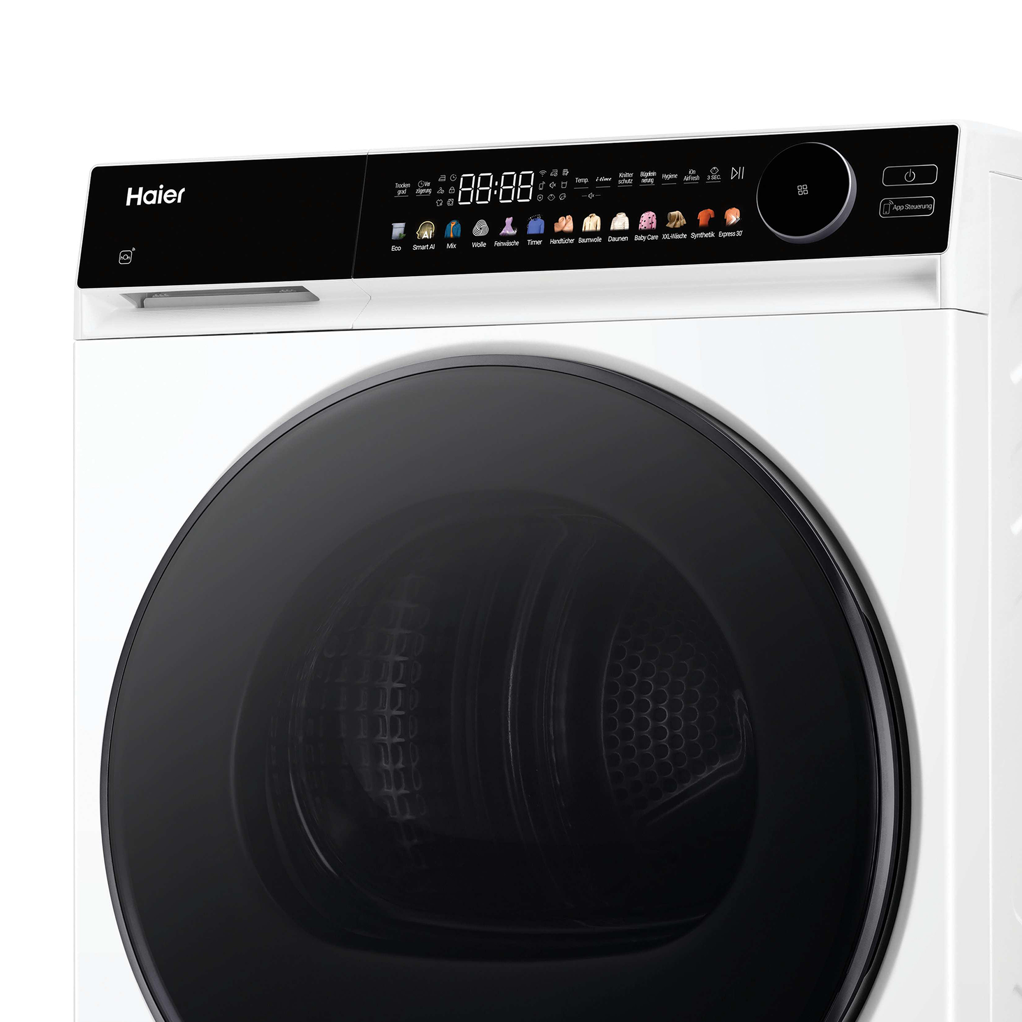 Haier Waschmaschine mit digitalem Display, Programmauswahl und runder Steuerung.